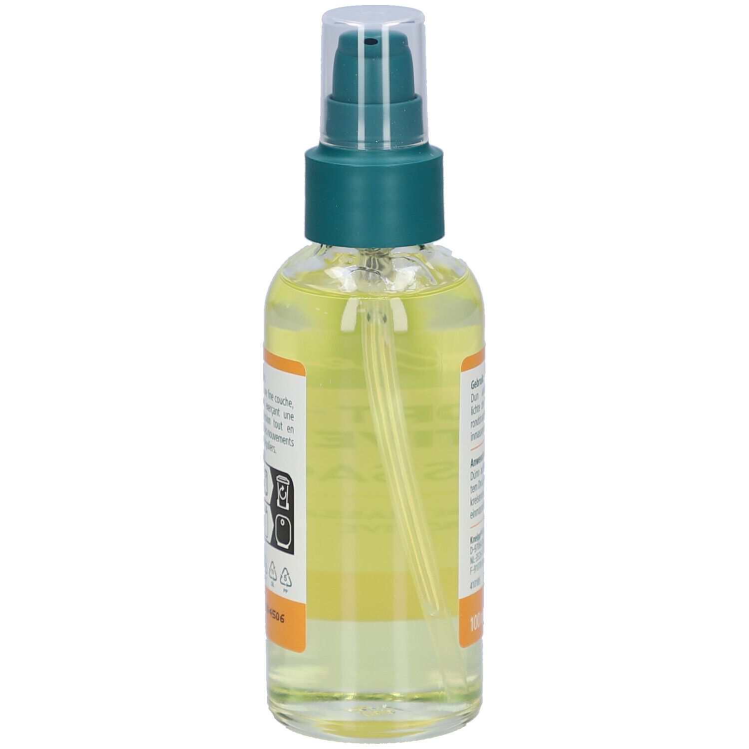 Achterkant van de fles. Tekst met gebruiksaanwijzing en fabrikantinfo. Vloeistof gelig.