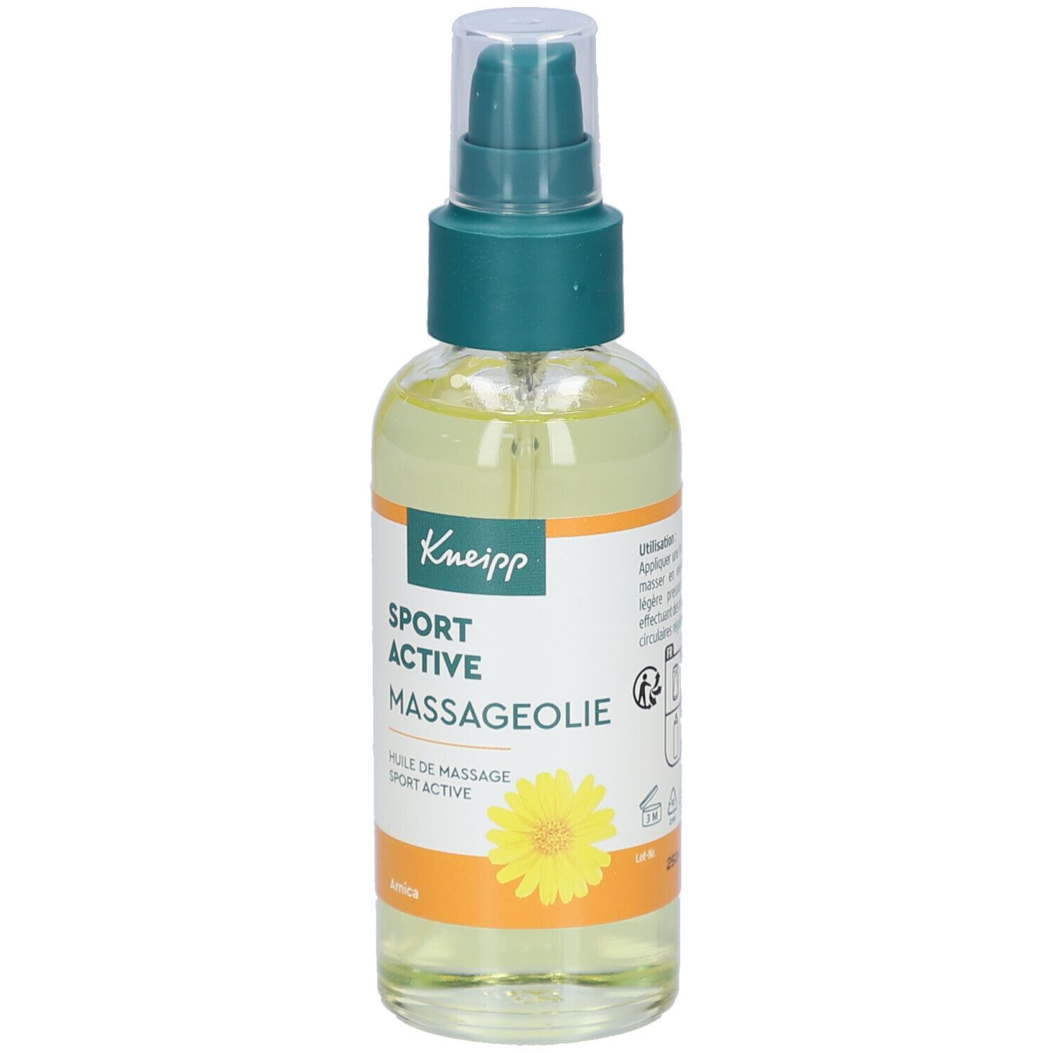Transparante glazen fles met groene spraykop. Etiket met Kneipp-logo, productnaam en gele bloem. Gele vloeistof.