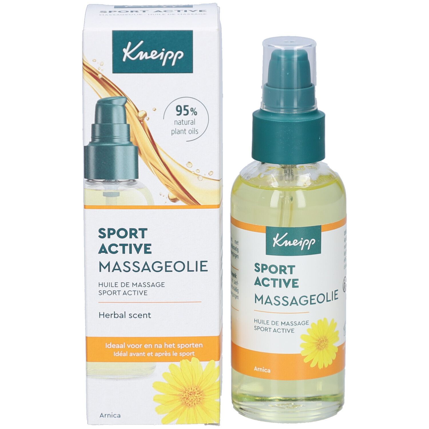 Productfles en verpakking. Fles met groene spraykop. Verpakking met Kneipp-logo en productinformatie.