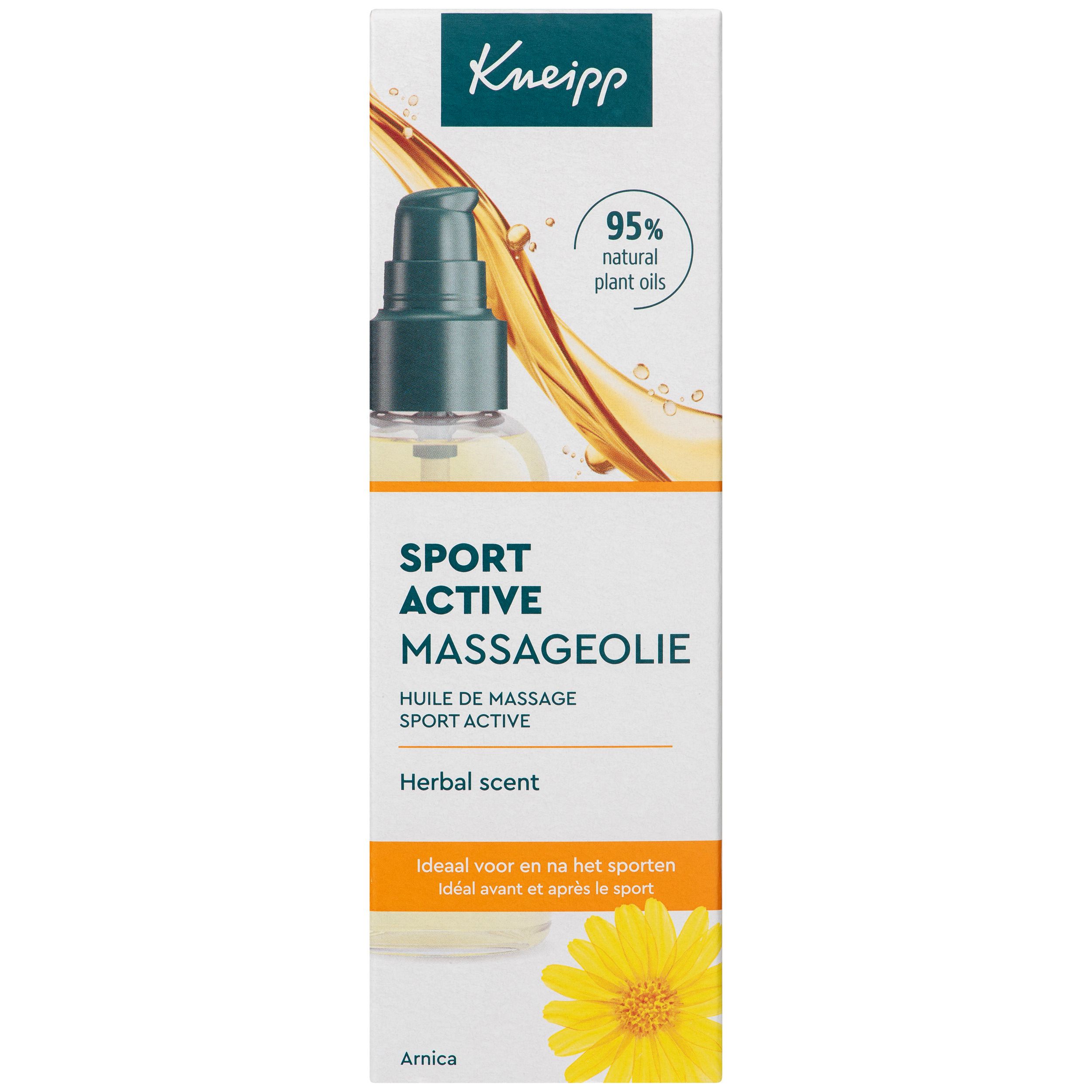 Kneipp Sport Active massageolie. Transparante fles met groene verstuiver. Gele vloeistof. Geel etiket met productnaam en bloem.