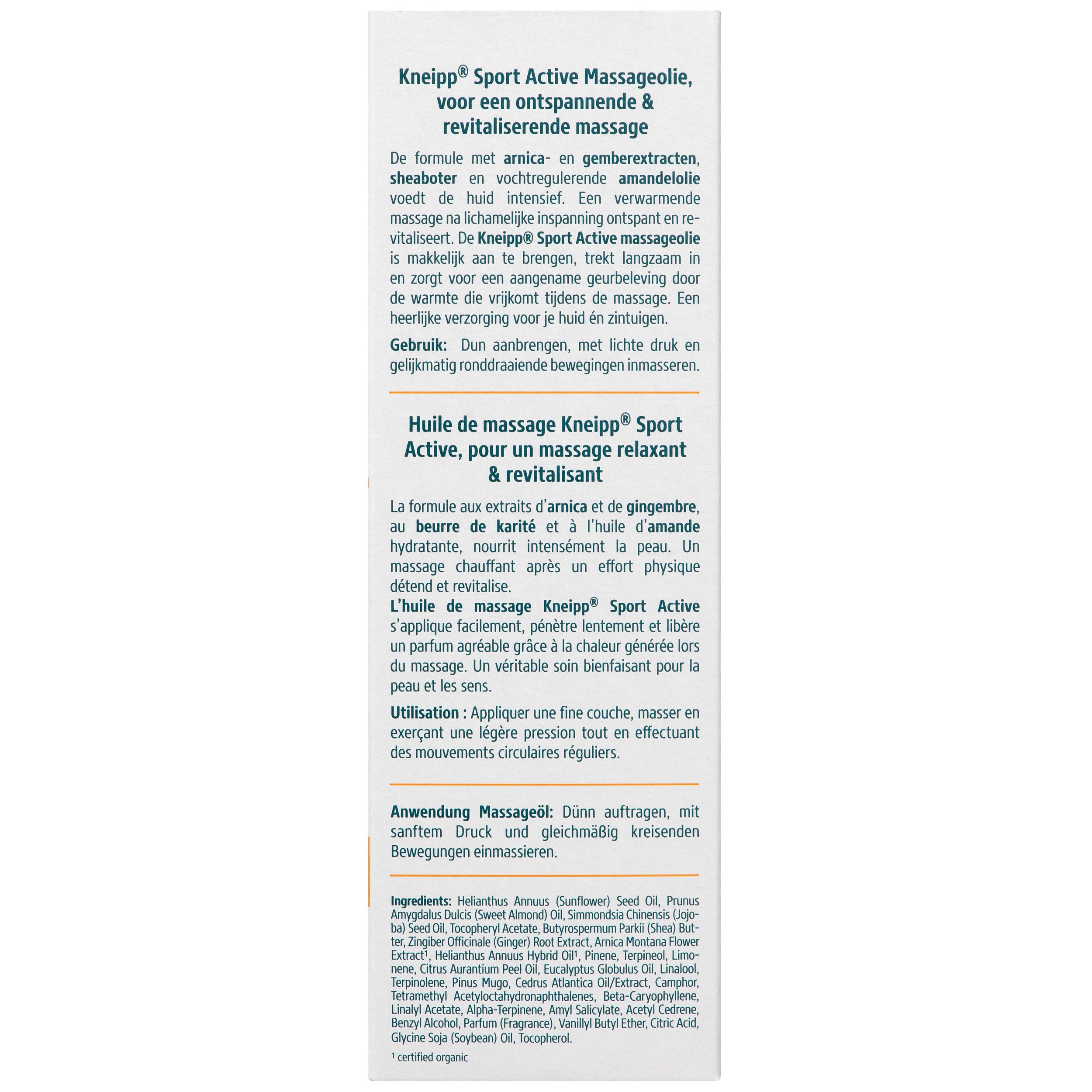 Dos de l'emballage. Texte en allemand et français. Ingrédients et instructions d'utilisation. Huile de massage Kneipp Sport Active.