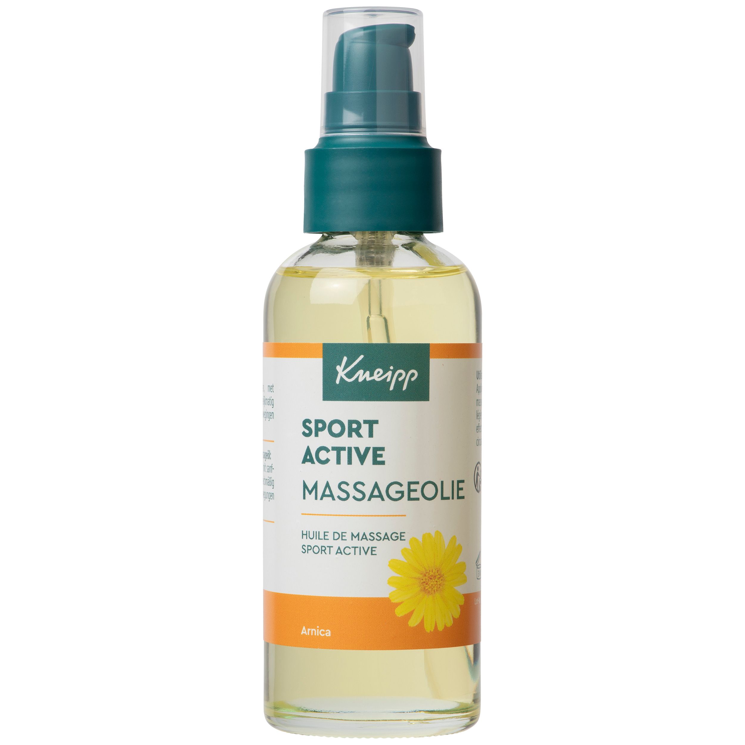 Kneipp Sport Active massageolie. Transparante fles met groene verstuiver. Gele vloeistof. Geel etiket met productnaam en bloem.