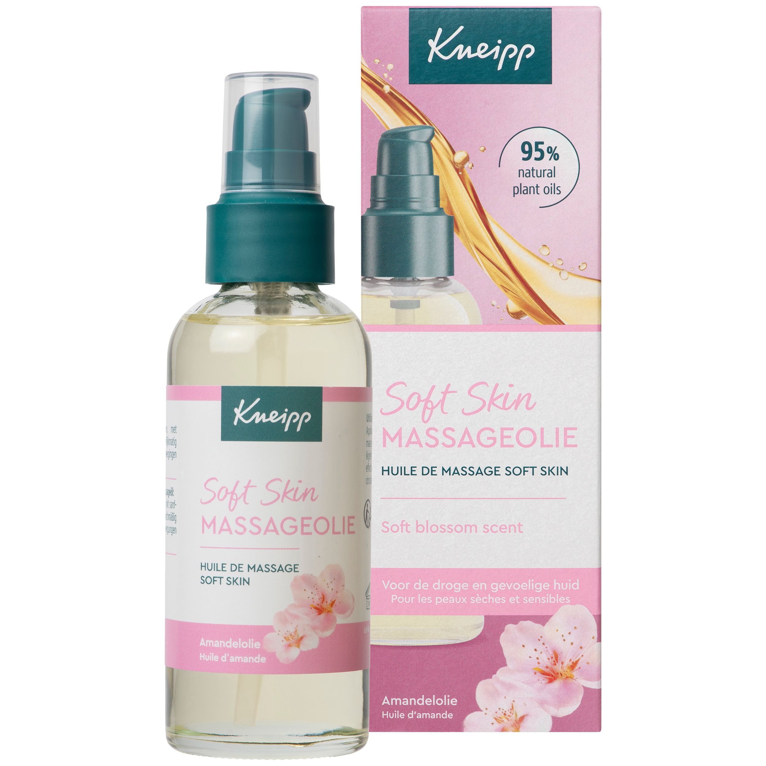 Kneipp Massageolie Soft Skin met verpakking. Fles en doos met productnaam, bloemen en 95% natuurlijke oliën.