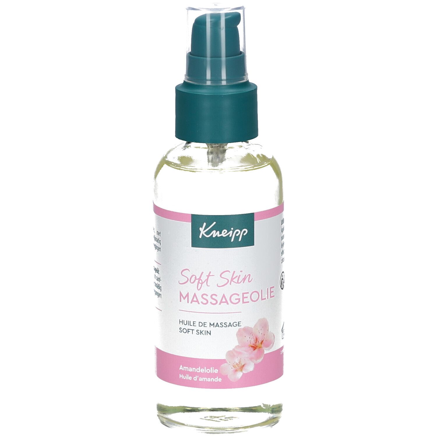 Kneipp Massageolie Soft Skin. Glazen fles met doseerpomp. Roze etiket met productnaam, bloemen en amandelolie-aanduiding.