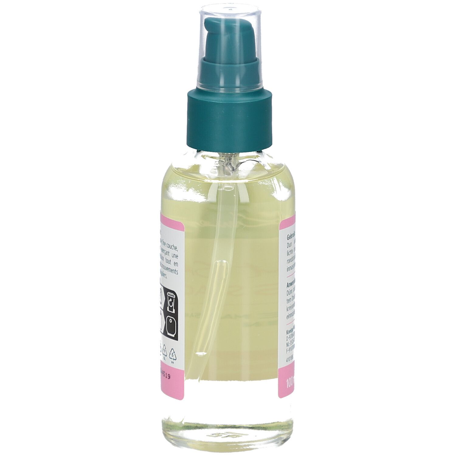 Kneipp Massageolie Soft Skin fles, achterkant. Etiket met tekst, QR-code en pictogrammen. Doseerpomp bovenop.