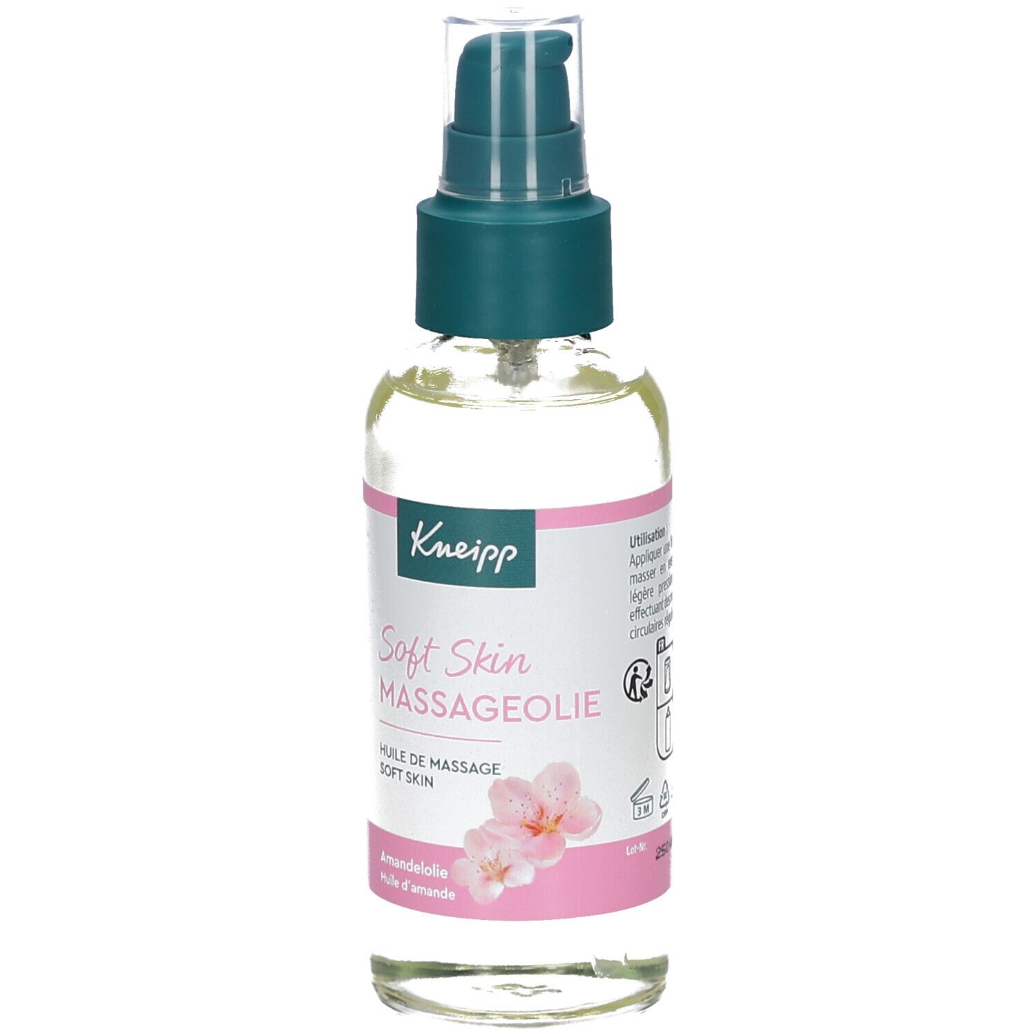 Kneipp Massageolie Soft Skin. Glazen fles met doseerpomp. Roze etiket met productnaam, bloemen en amandelolie-aanduiding.