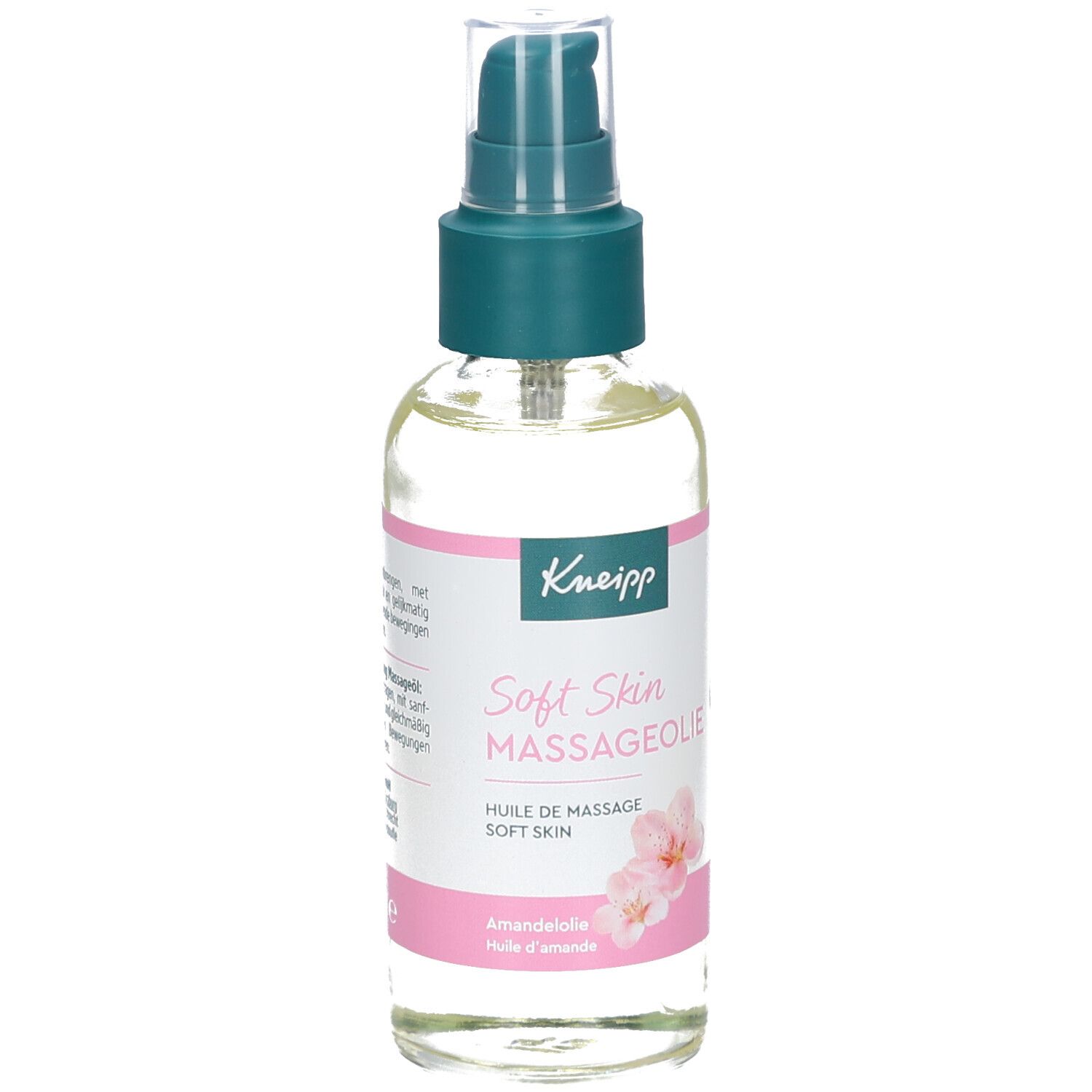 Kneipp Massageolie Soft Skin. Glazen fles met doseerpomp. Roze etiket met productnaam, bloemen en amandelolie-aanduiding.