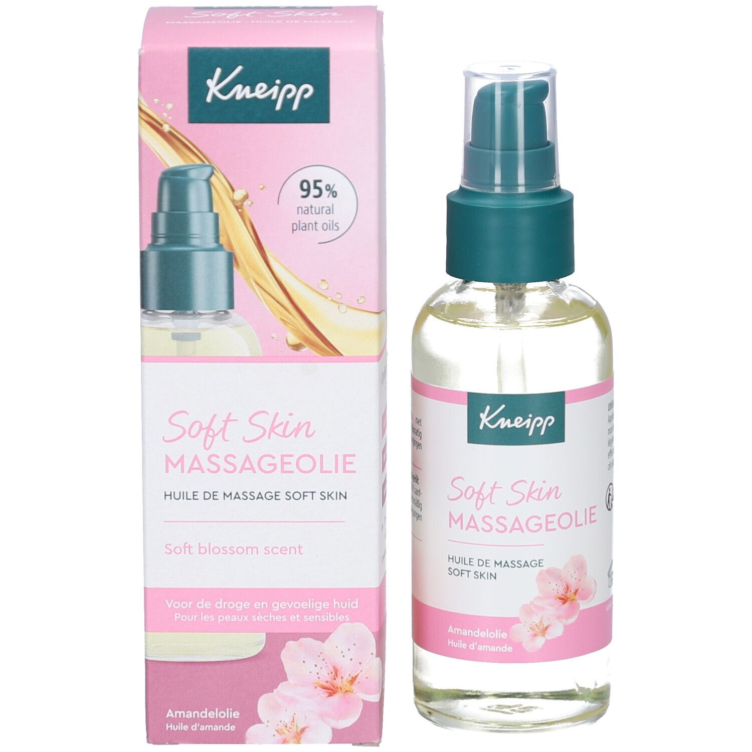 Kneipp Massageolie Soft Skin met verpakking. Fles met doseerpomp en doos. Roze design, productnaam en bloemen.