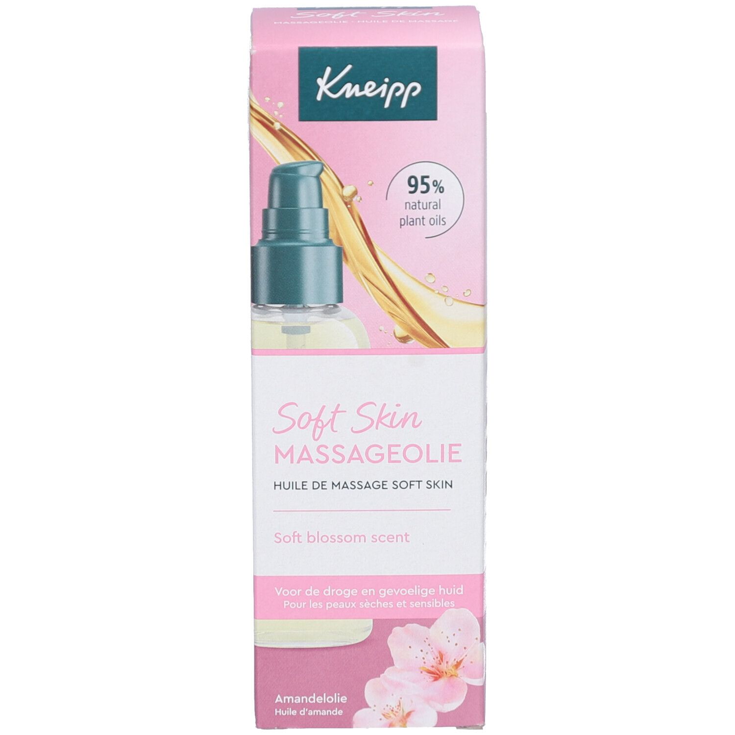 Kneipp Massageolie Soft Skin met verpakking. Fles en doos. Roze design, productnaam, bloemen en 95% natuurlijke oliën.