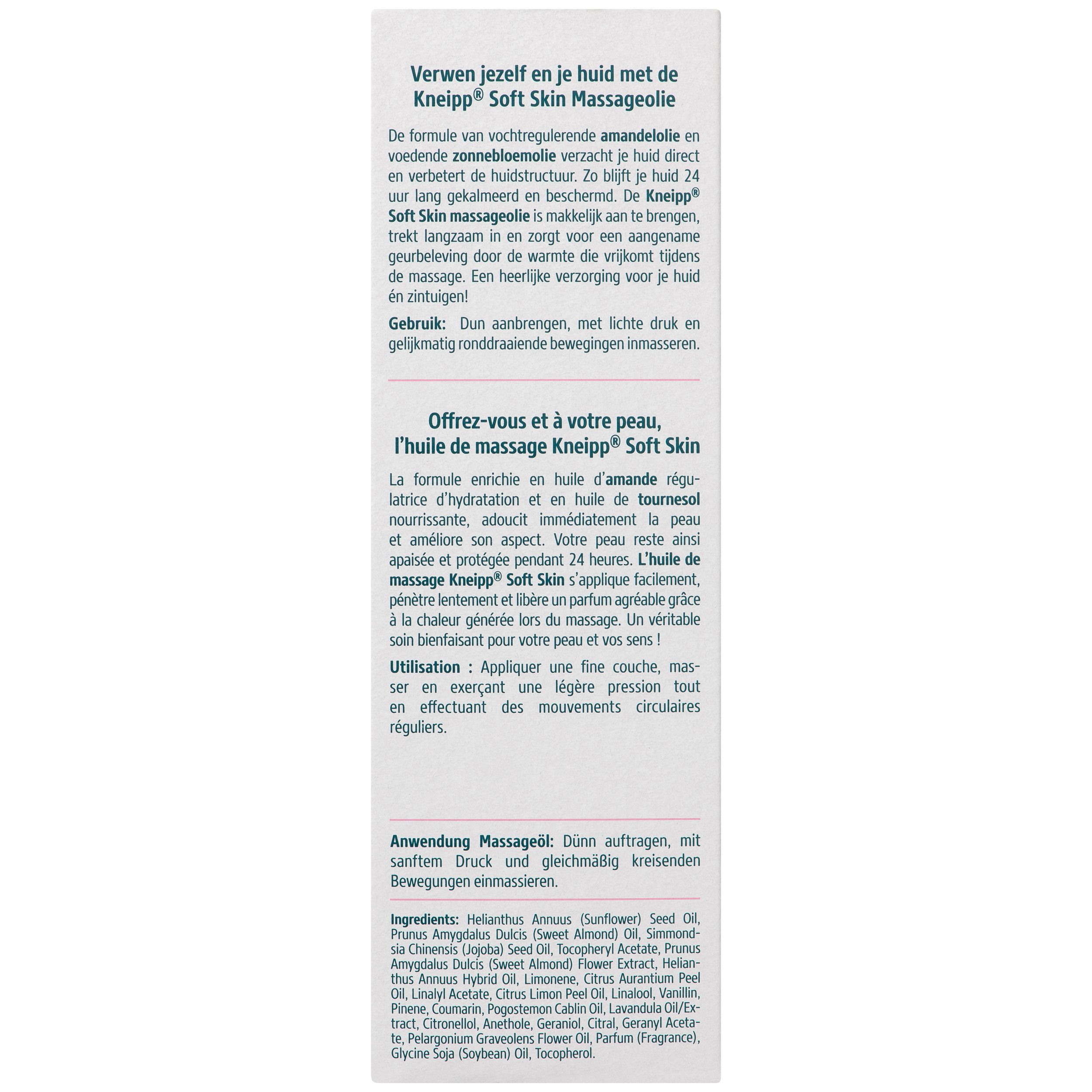 Kneipp Massageolie Soft Skin. Fles met meertalige tekst. Ingrediënten en gebruiksaanwijzing.