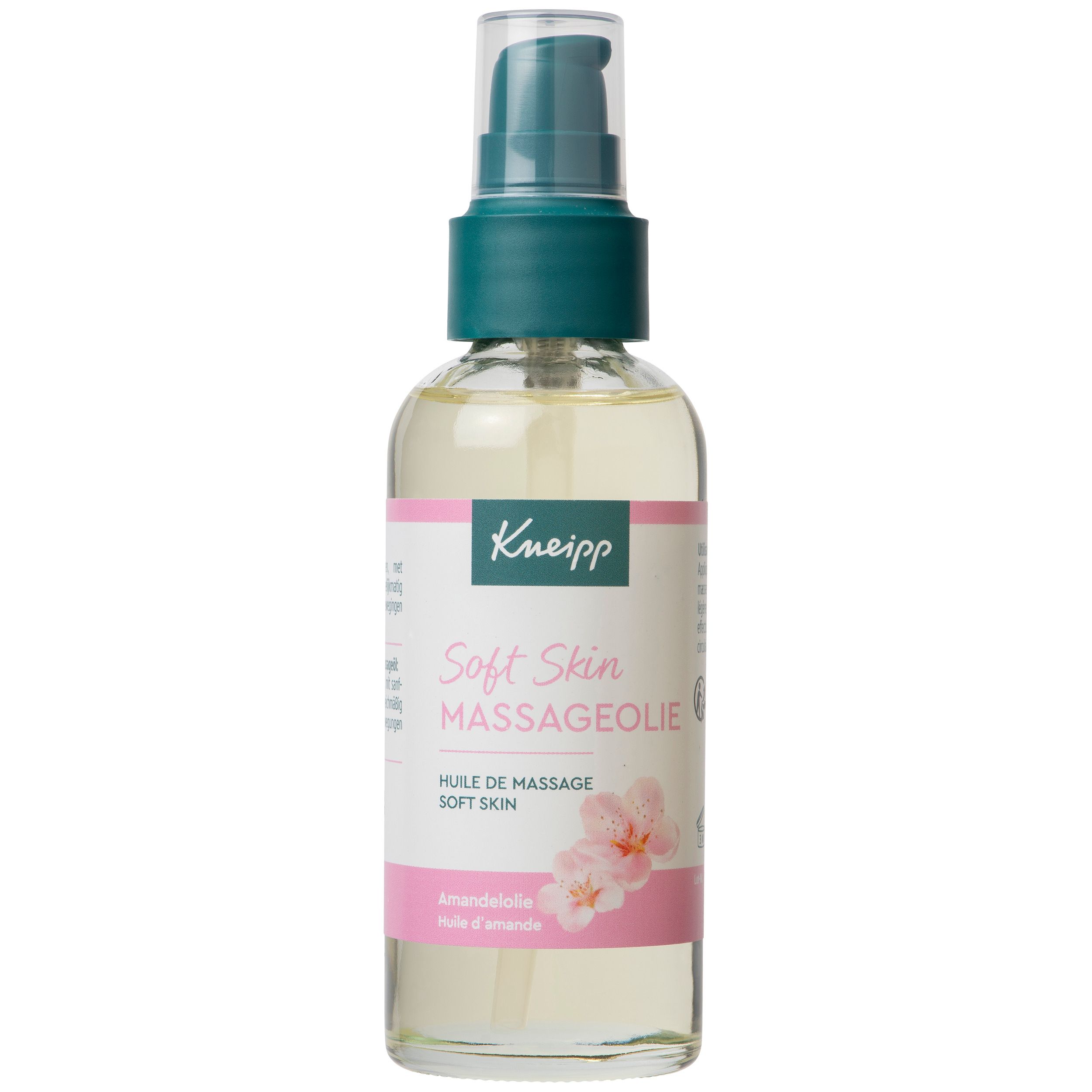 Kneipp Massageolie Soft Skin met verpakking. Fles en doos met productnaam, bloemen en 95% natuurlijke oliën.