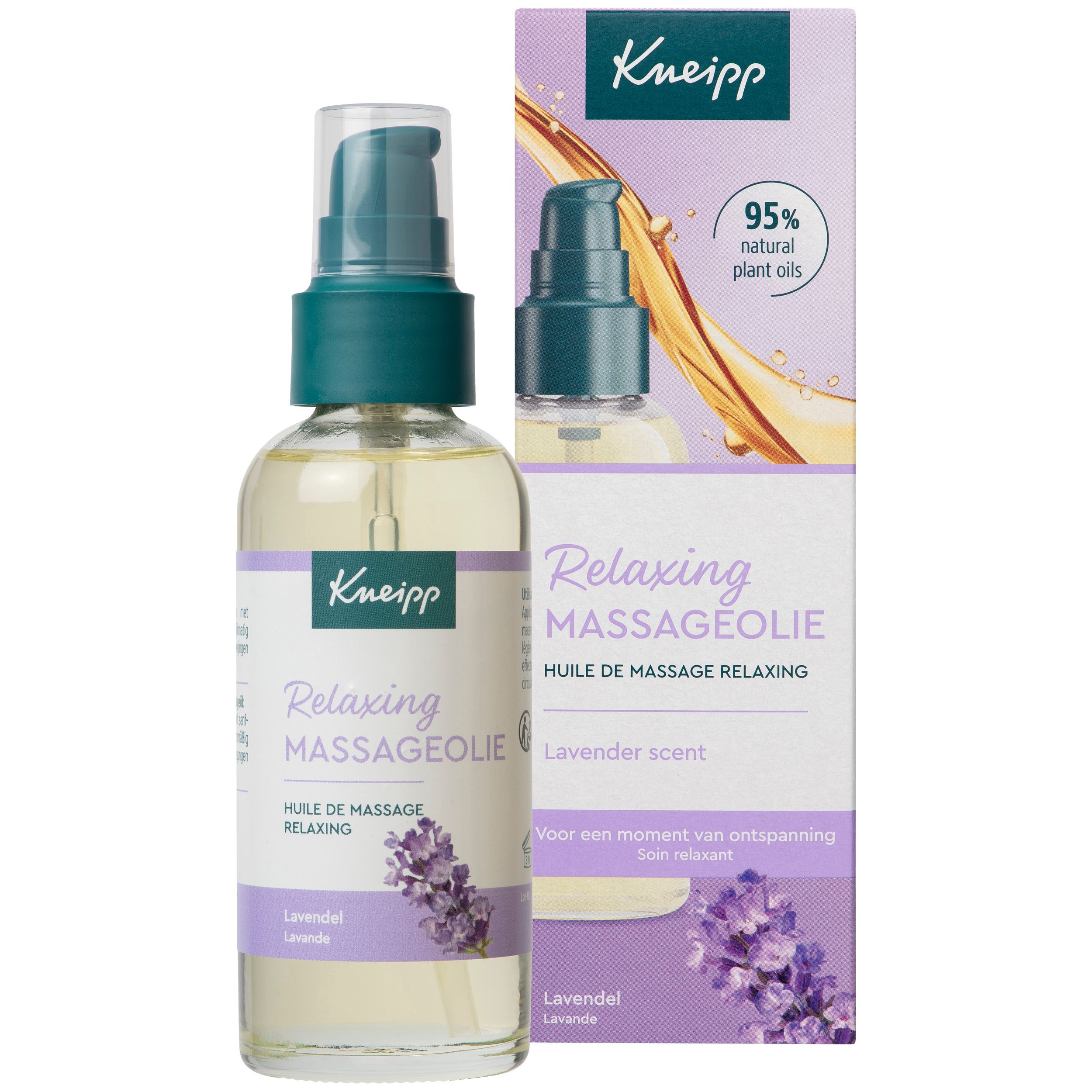 Kneipp Massageöl Relaxing avec emballage. Flacon avec pompe et carton. Nom du produit, illustration de lavande, 95% huiles naturelles.