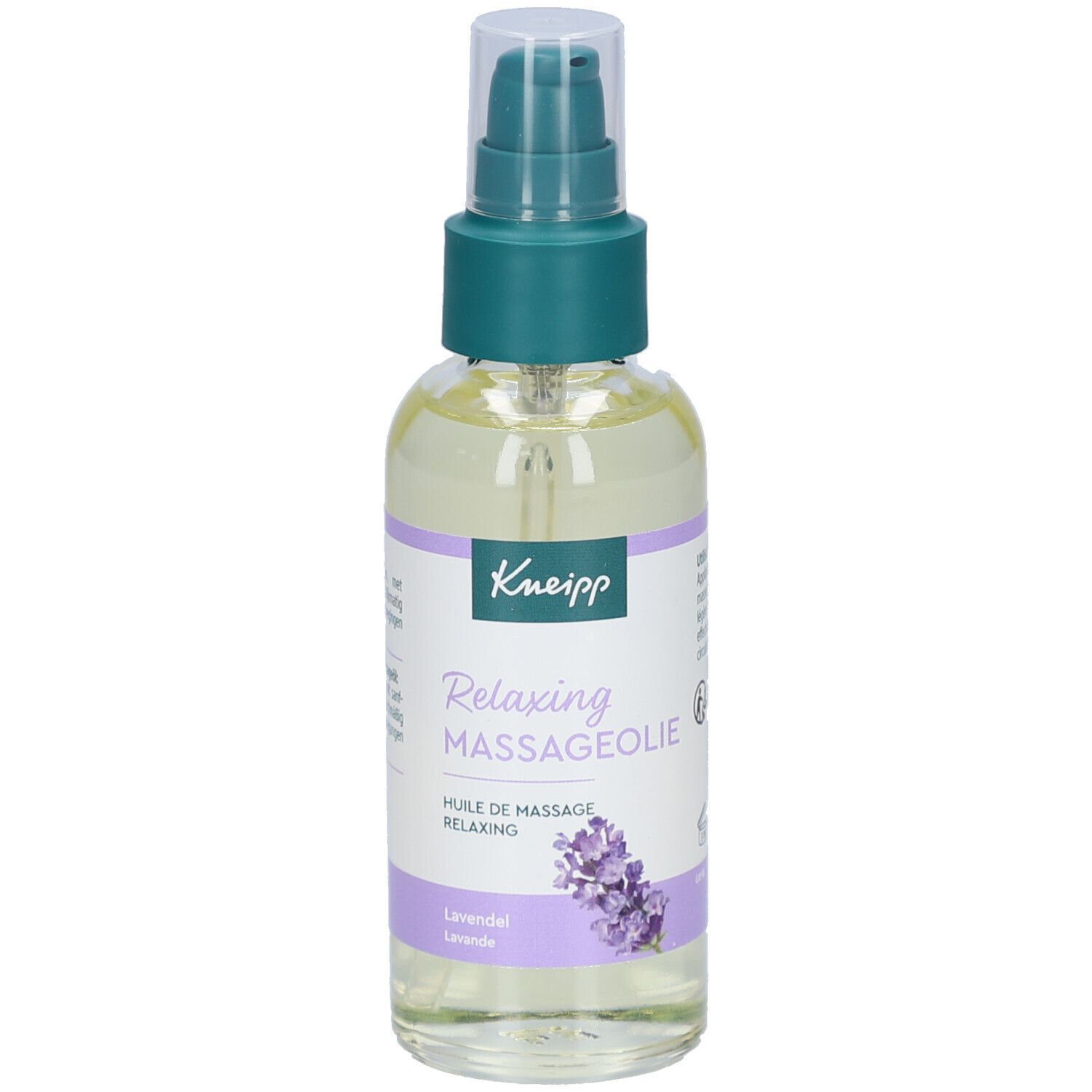 Kneipp Massageolie Relaxing, transparante fles met groene pomp. Etiket met productnaam, lavendel illustratie.