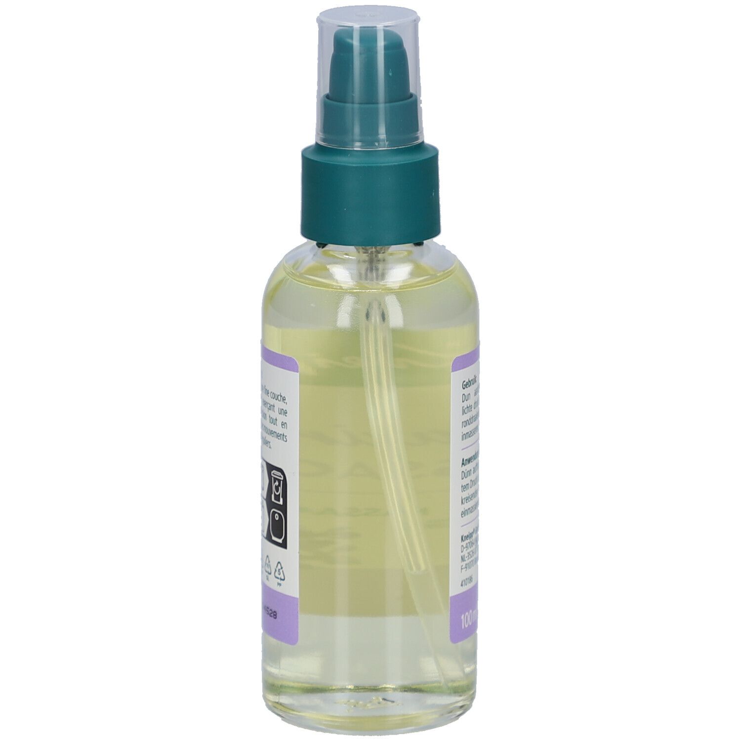 Kneipp Massageolie Relaxing, zijaanzicht van de fles. Etiket met productinformatie en fabrikantenlogo.