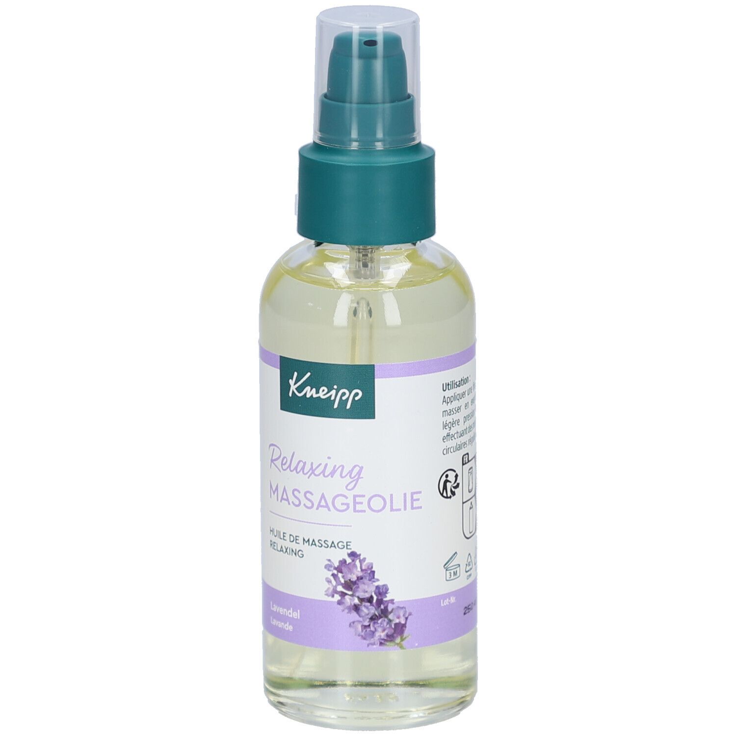 Kneipp Massageolie Relaxing, transparante fles met groene pomp. Etiket met productnaam en lavendel illustratie.