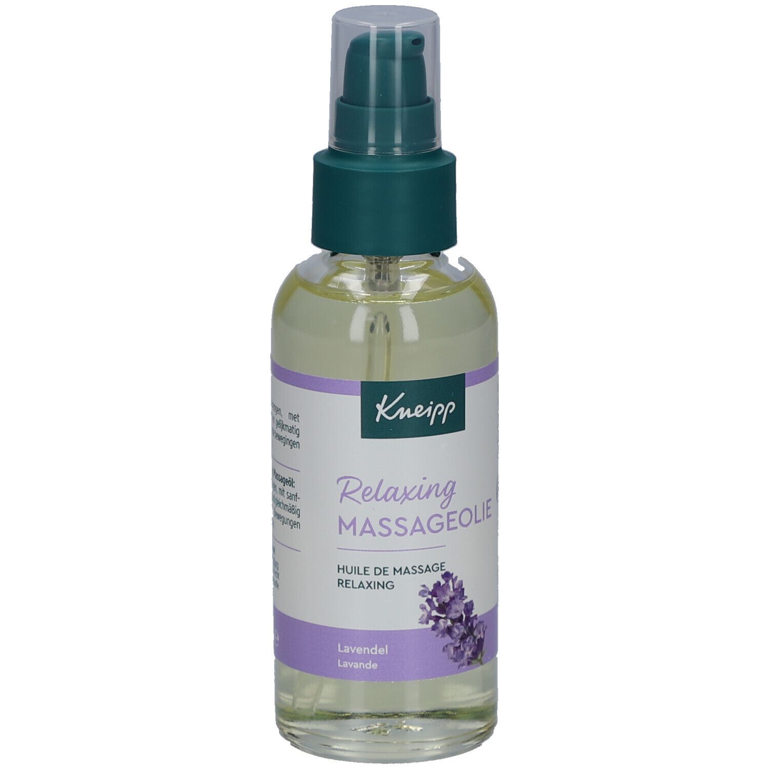 Kneipp Massageolie Relaxing, transparante fles met groene pomp. Etiket met productnaam en lavendel illustratie.