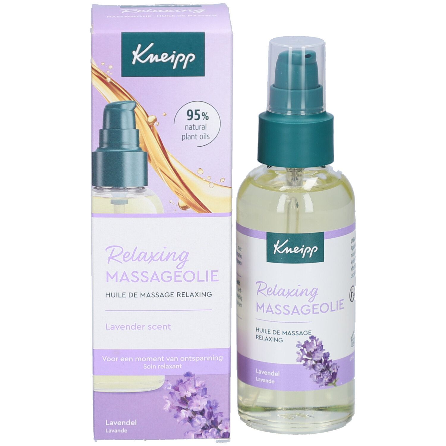Kneipp Massageolie Relaxing en verpakking. Fles met groene pomp, doos met productnaam en lavendel illustratie.