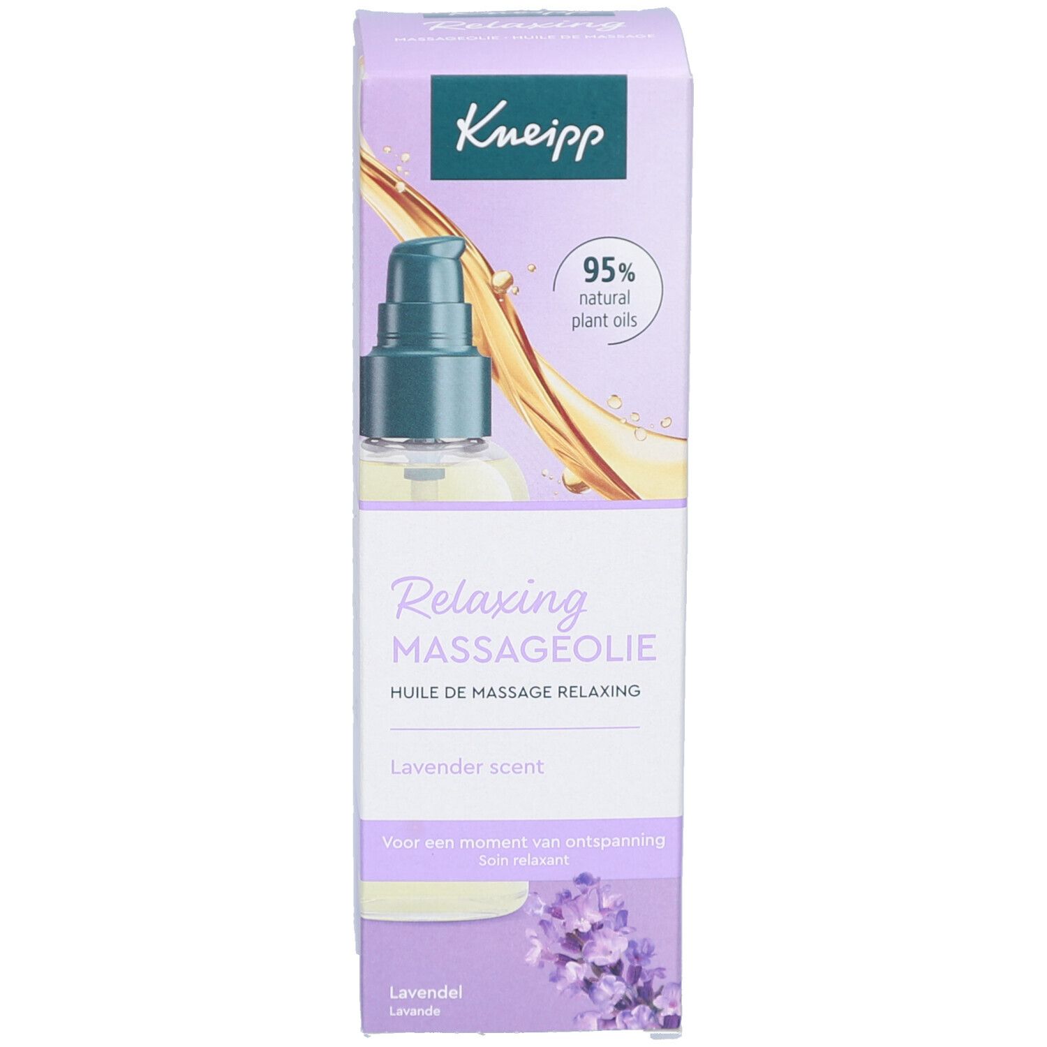Kneipp Massageolie Relaxing en verpakking. Doos met productnaam, fles met groene pomp.