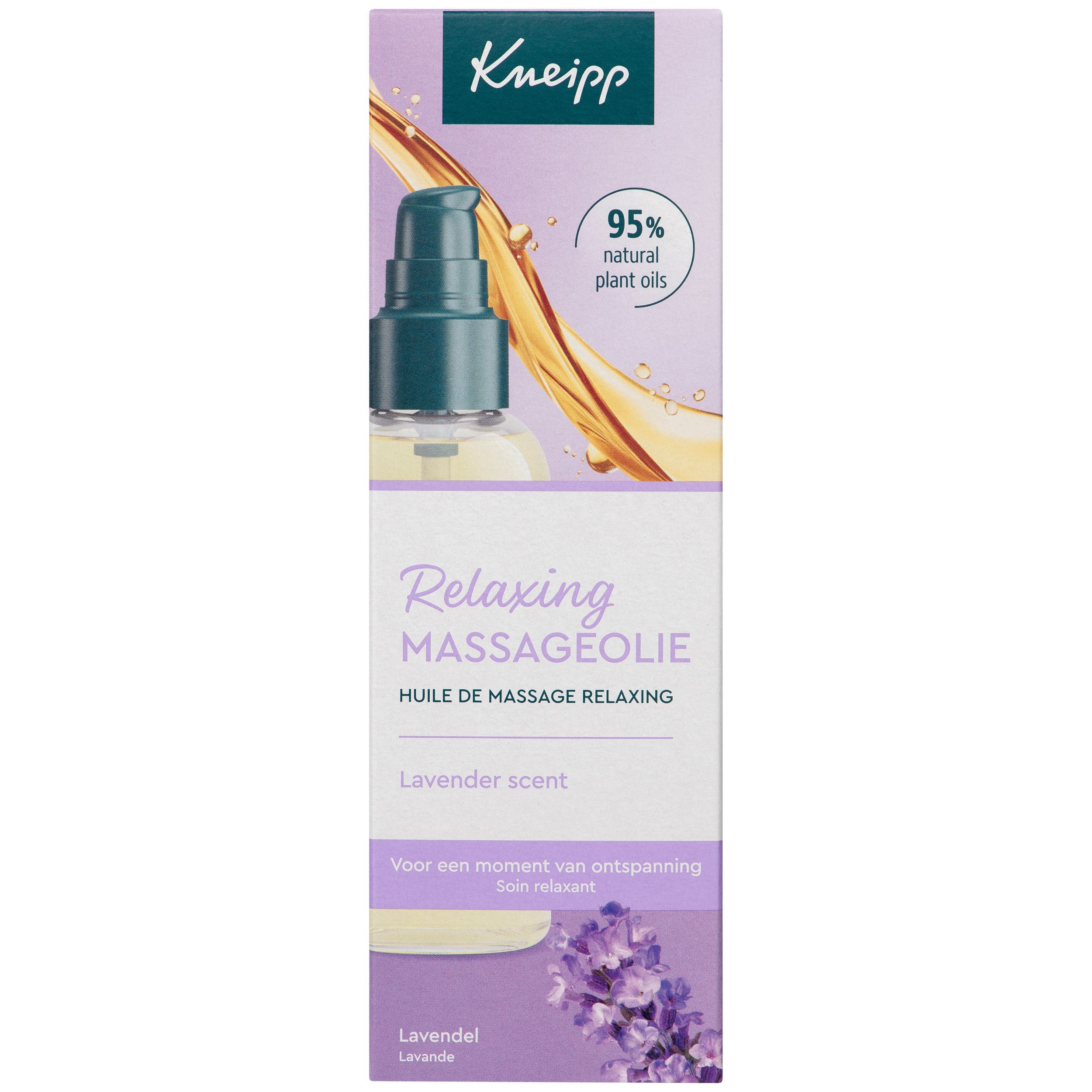 Kneipp Massageöl Relaxing avec emballage. Flacon avec pompe et carton. Nom du produit, illustration de lavande, 95% huiles naturelles.
