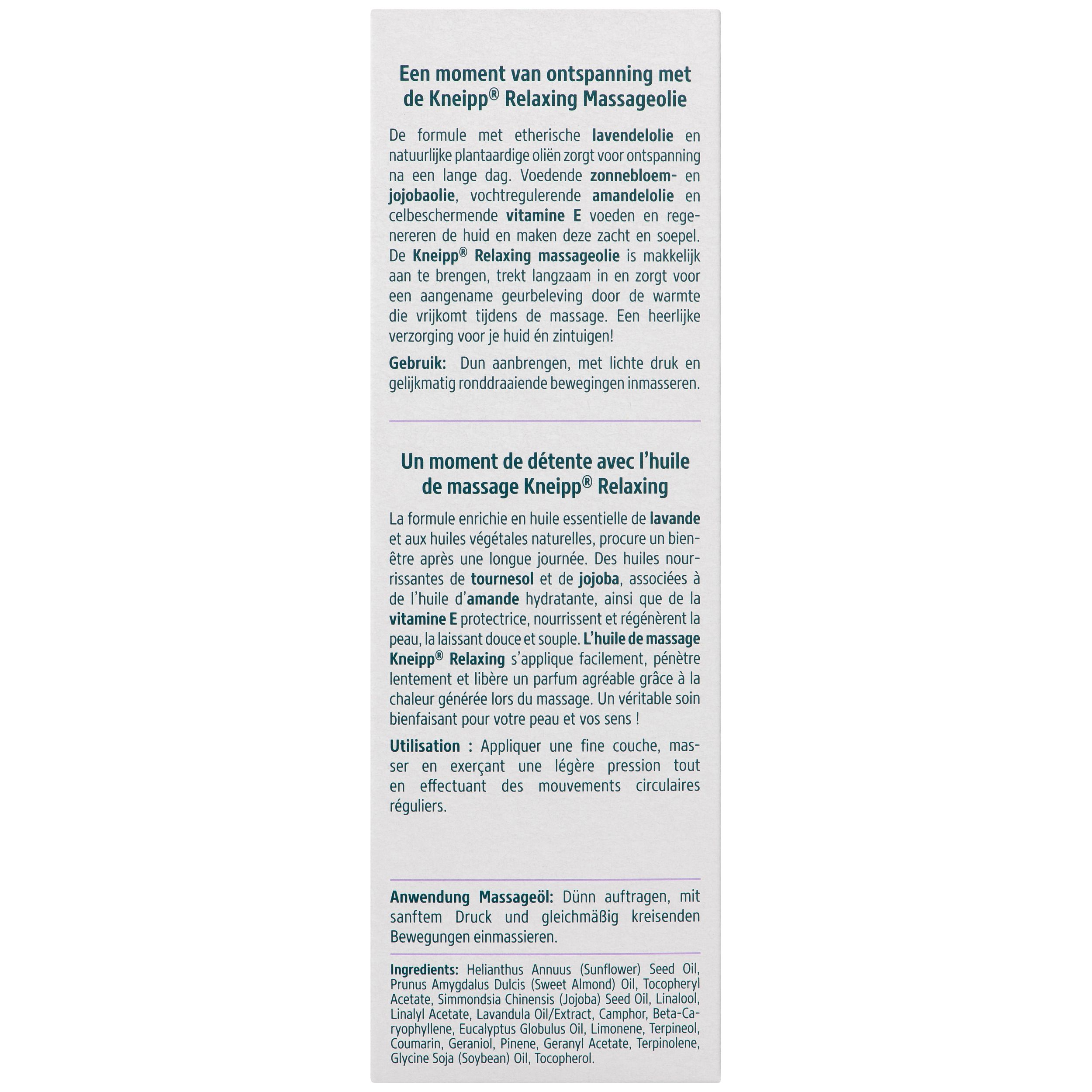 Kneipp Massageöl Relaxing avec emballage. Flacon avec pompe et carton. Nom du produit, illustration de lavande, 95% huiles naturelles.