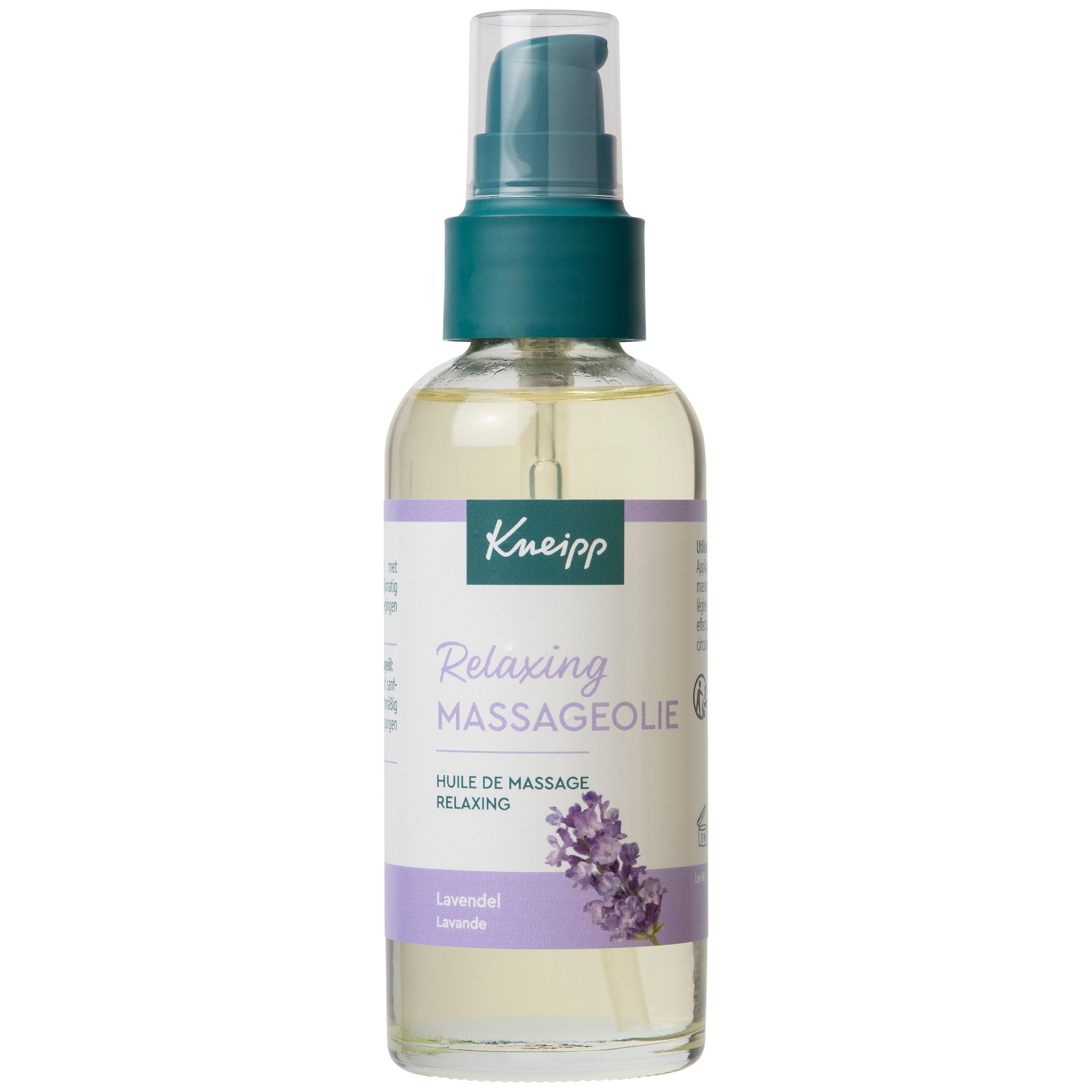 Kneipp Massageolie Relaxing fles, vooraanzicht. Transparante fles met groene pomp. Etiket met productnaam en lavendel.