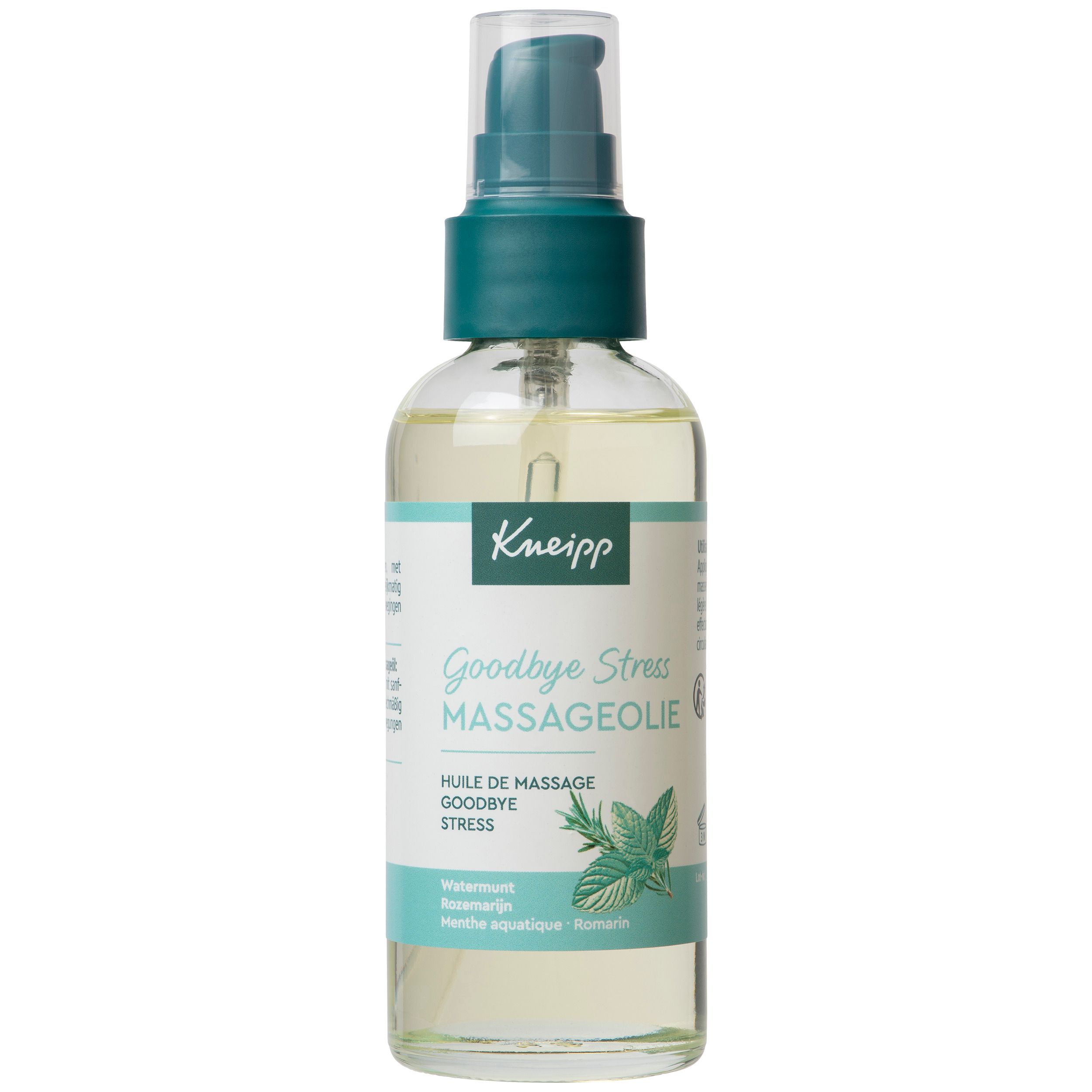 Flacon en verre d'huile de massage avec pompe. Inscription : Kneipp Goodbye Stress Massageolie. Illustration d'herbes.