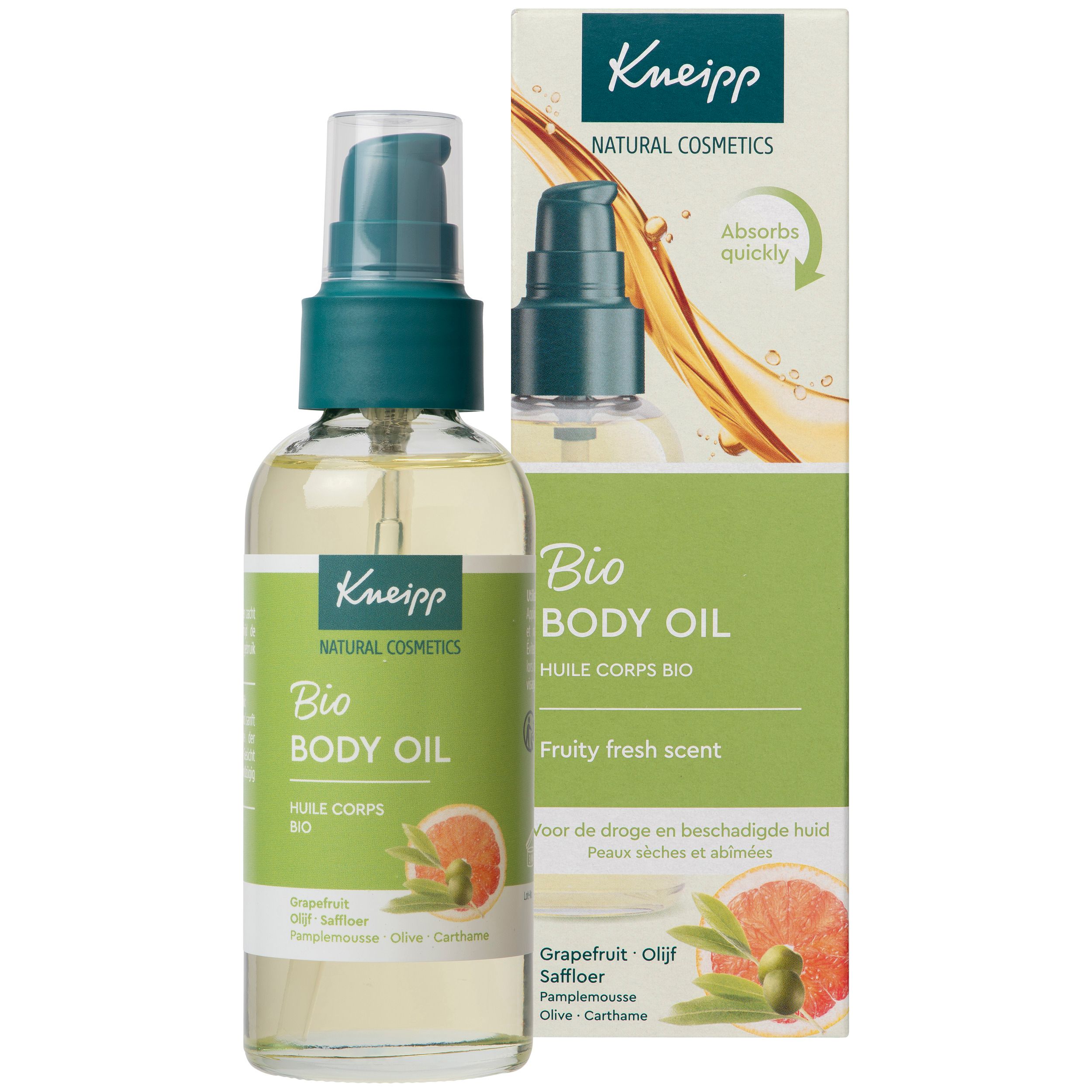 Flacon et emballage d'huile corporelle Kneipp Bio. Flacon avec pompe, emballage avec nom du produit et illustration.