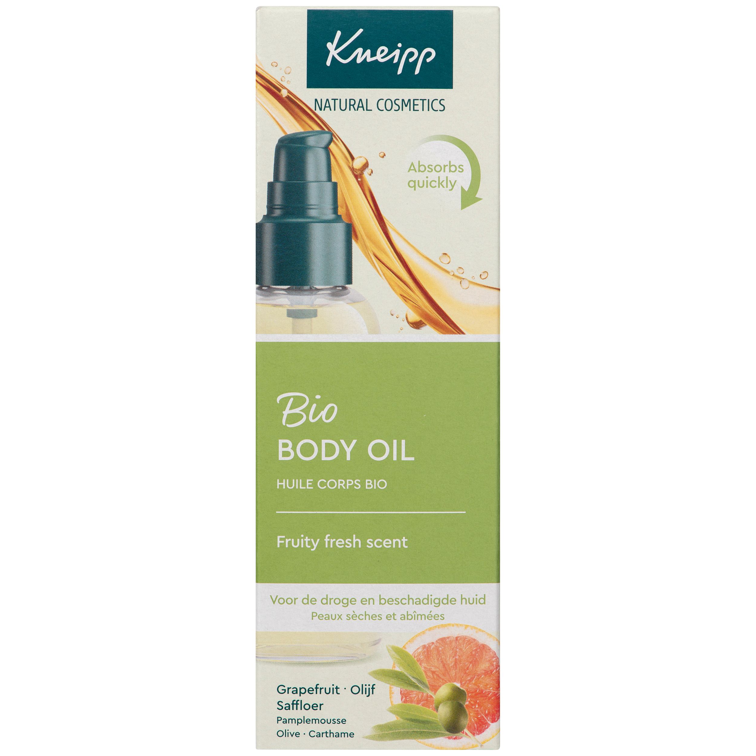 Flacon et emballage d'huile corporelle Kneipp Bio. Flacon avec pompe, emballage avec nom du produit et illustration.