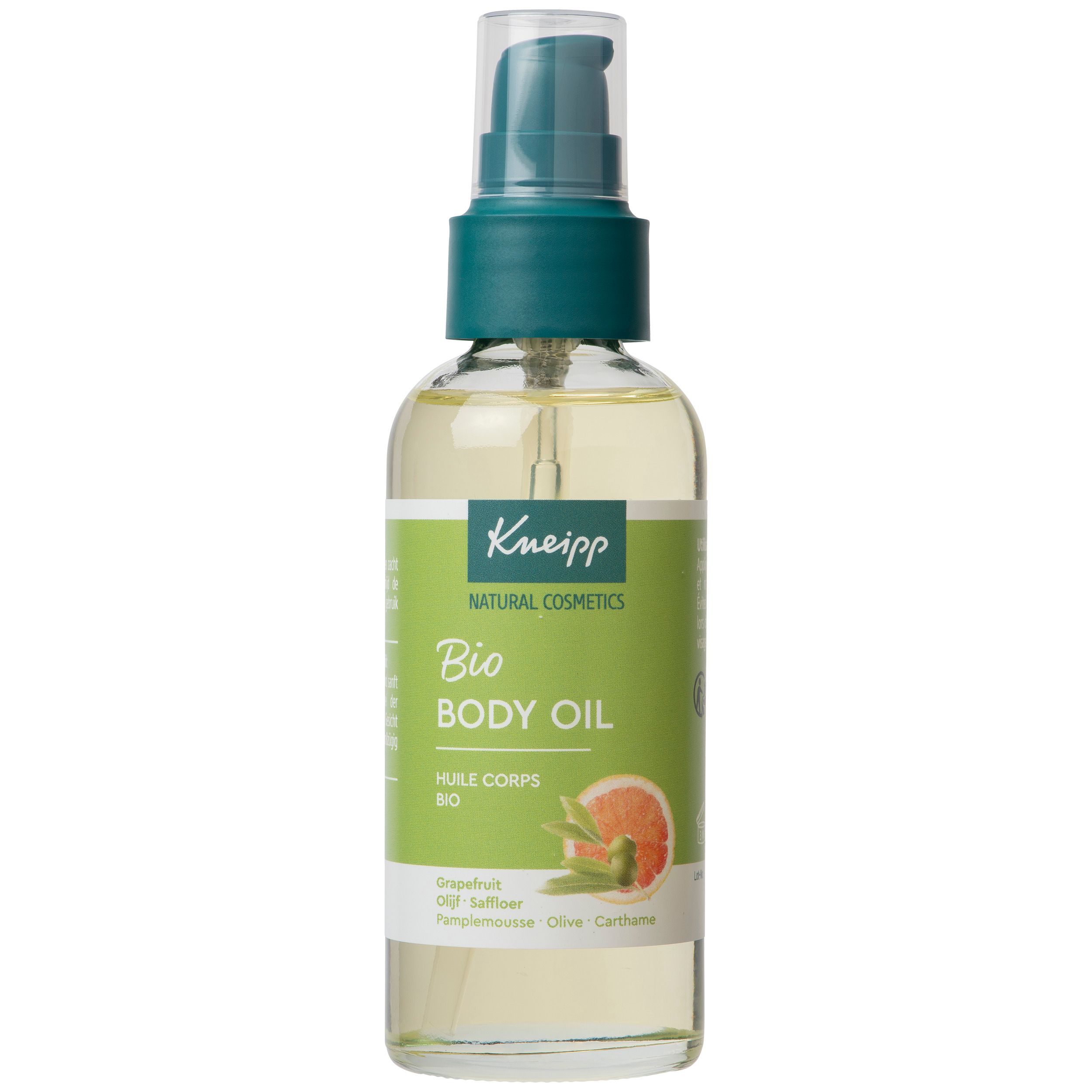 Kneipp Bio Body Oil. Transparante fles met groene dop en pomp. Label met productnaam, ingrediënten en grapefruit illustratie.