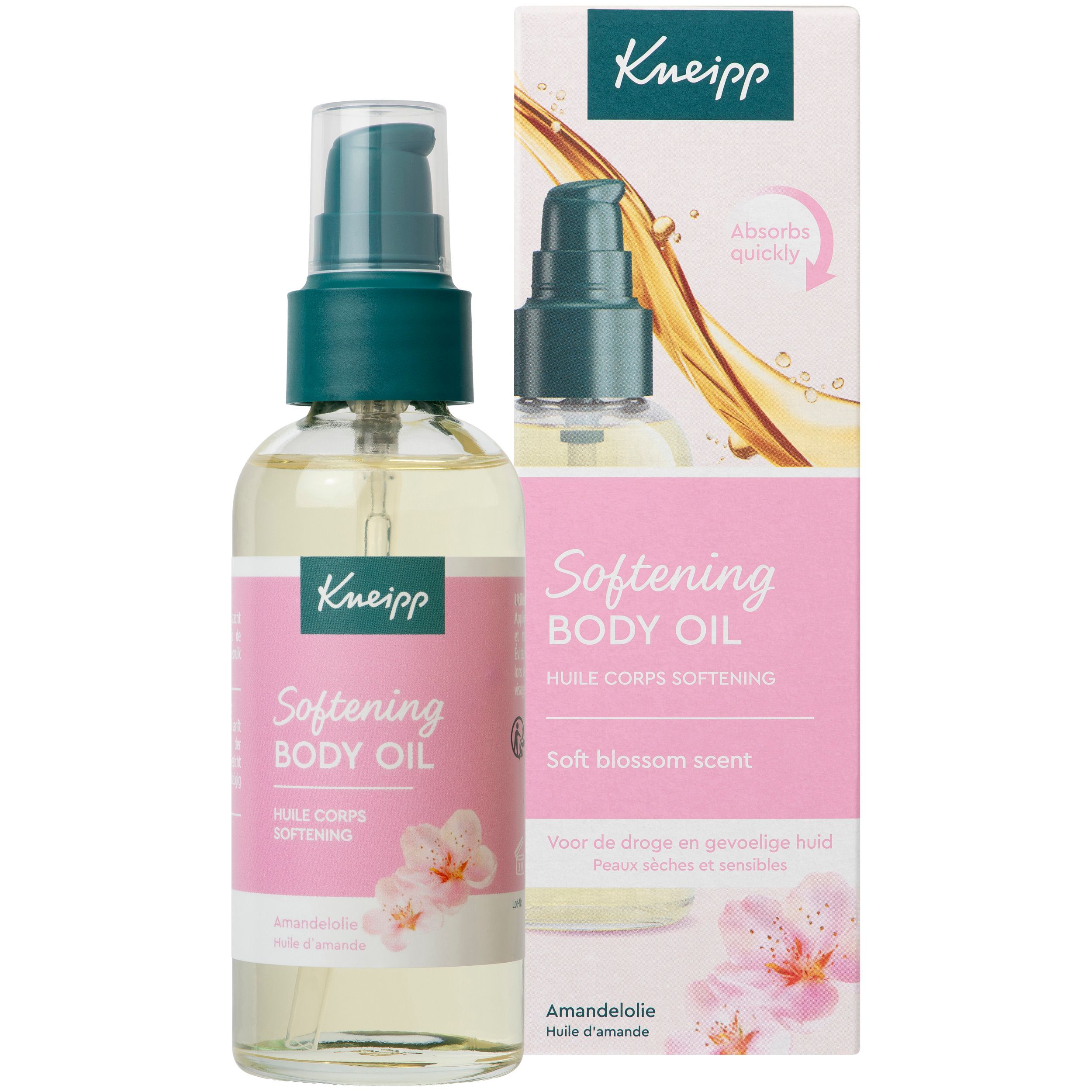 Body oil fles en verpakking. Verpakking met Kneipp logo en productnaam. Bevat een bloemenillustratie.