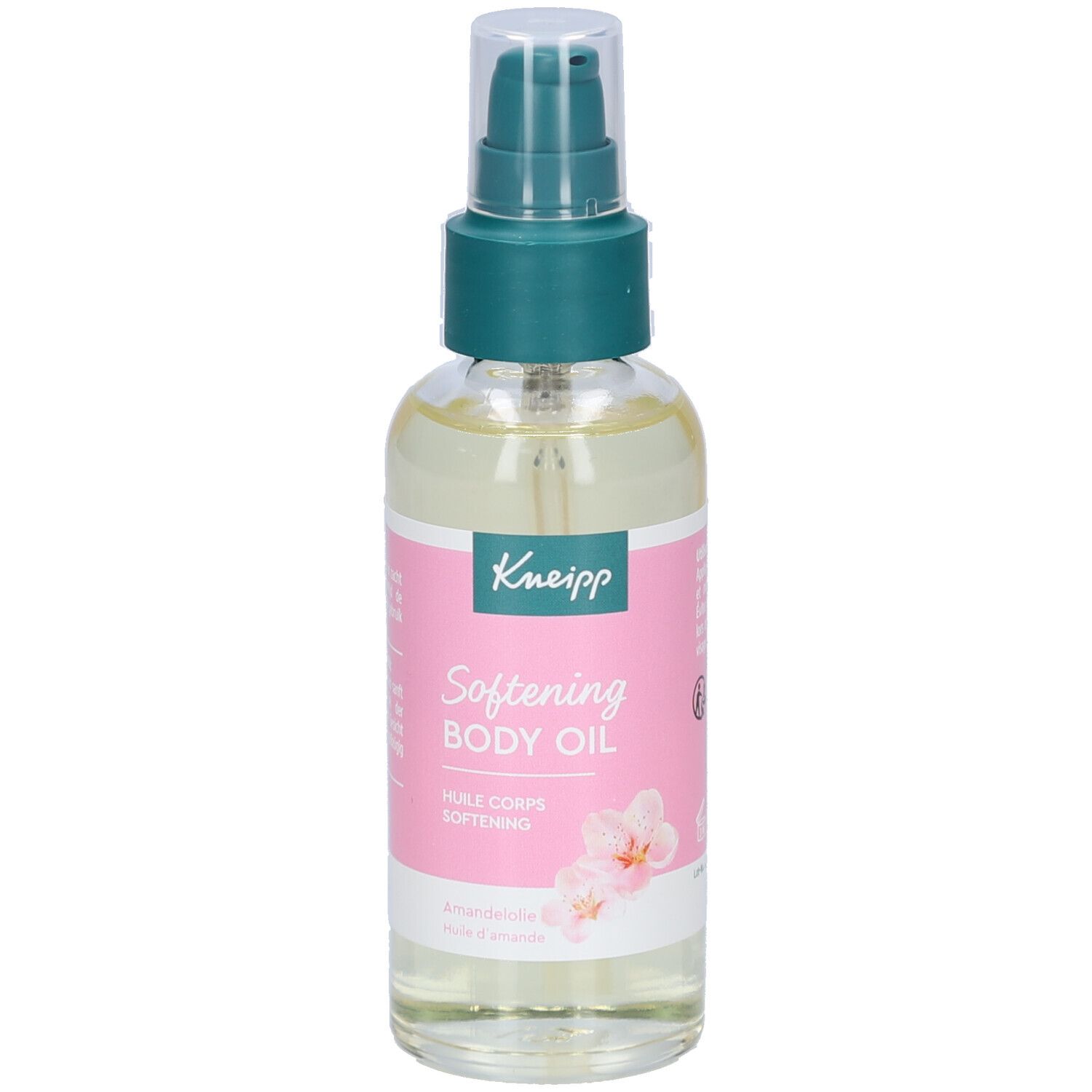Body olie fles met spraykop. Roze etiket met Kneipp logo en tekst. Heldere vloeistof zichtbaar.