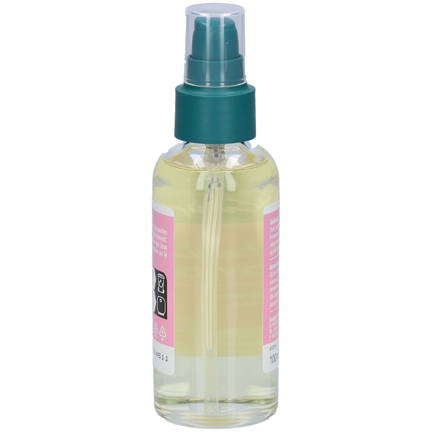 Body oliefles met spraykop. Roze etiket met tekst en QR-code. Heldere vloeistof zichtbaar.