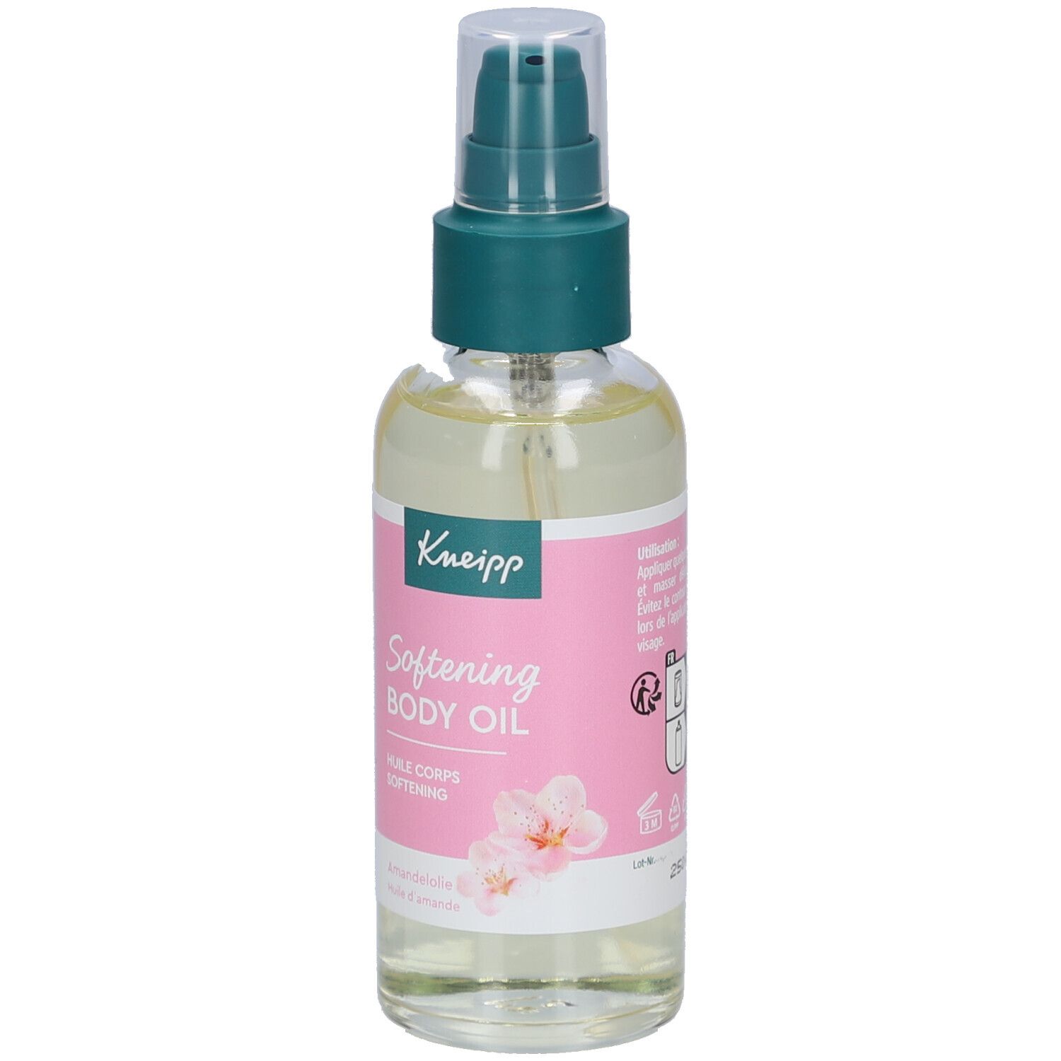 Body oliefles met spraykop. Roze etiket met Kneipp logo en tekst. Heldere vloeistof zichtbaar.