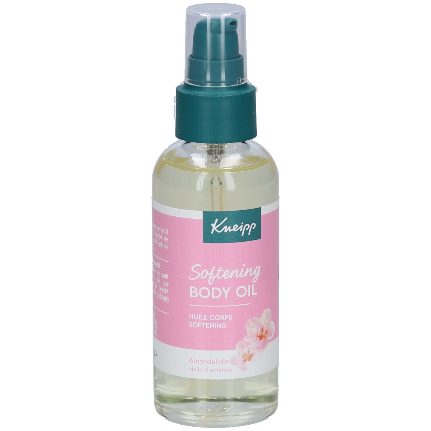 Body oliefles met spraykop. Roze etiket met Kneipp logo en tekst. Heldere vloeistof zichtbaar.