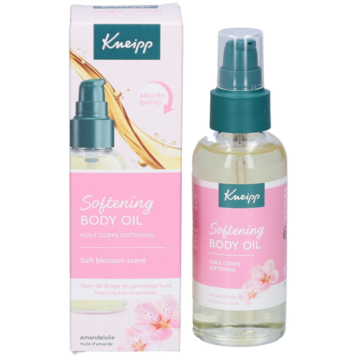 Body oliefles en verpakking. Fles met spraykop, roze etiket. Doos met tekst en logo.