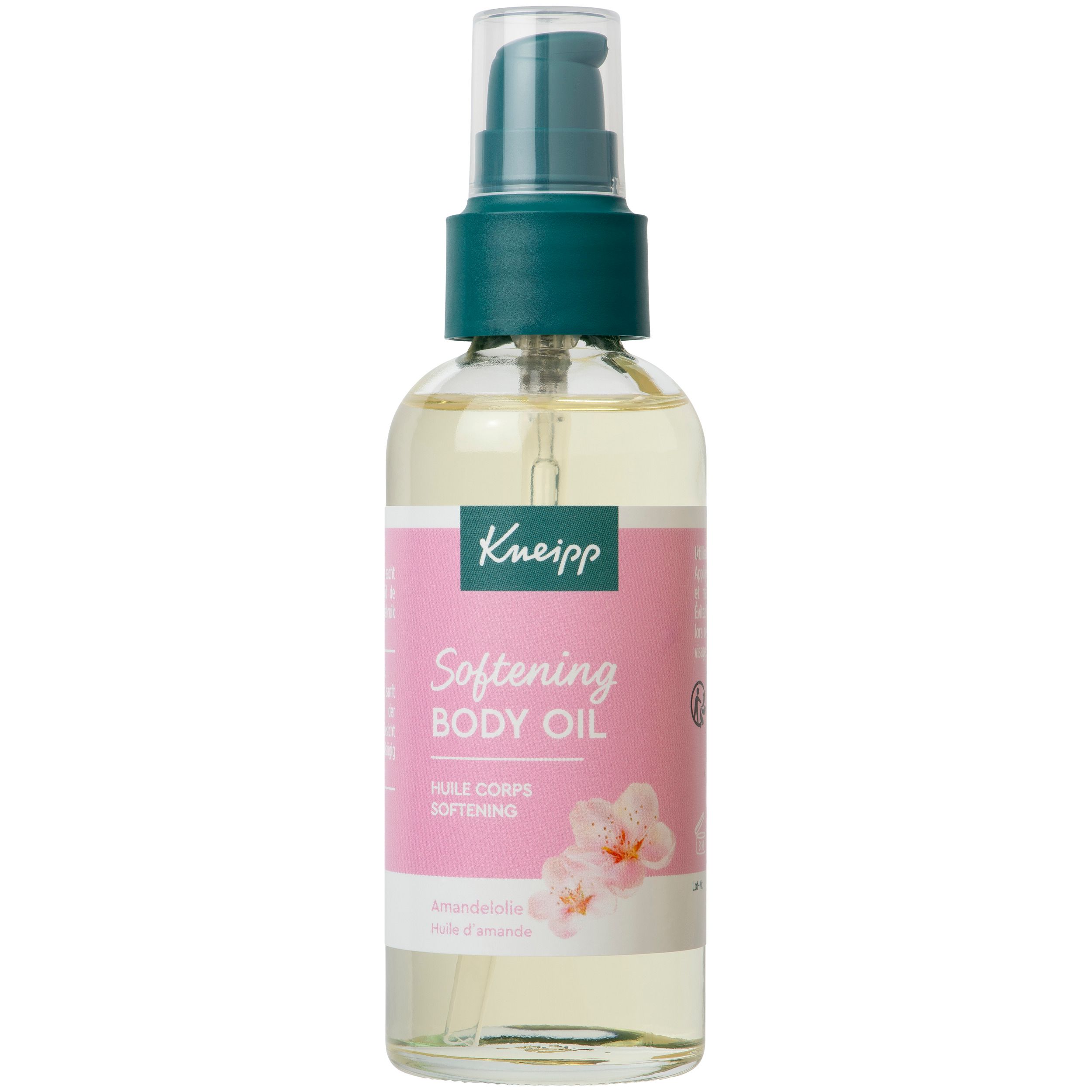 Body oil fles met verstuiver. Roze etiket met Kneipp logo en tekst. Bevat een bloemenillustratie.