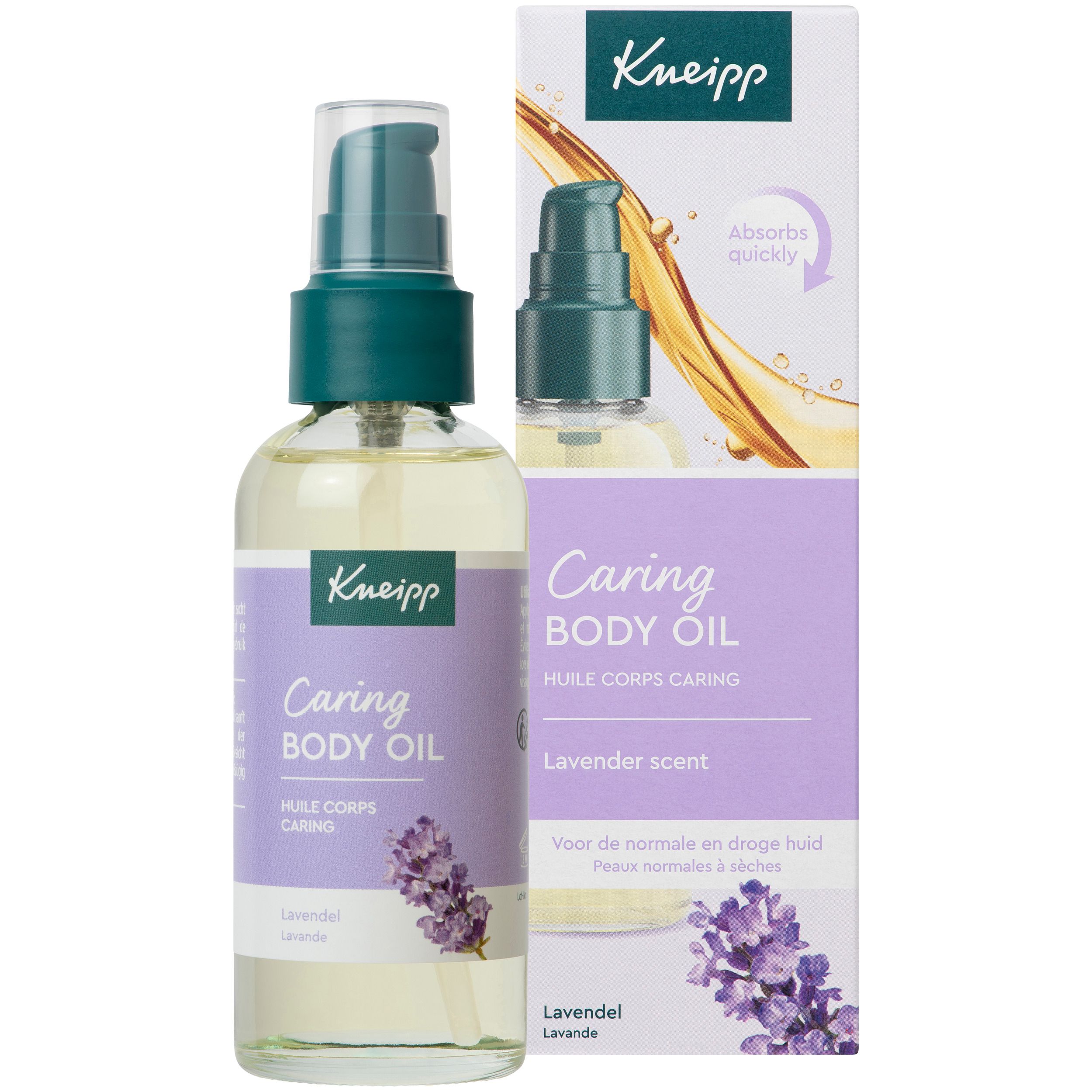 Kneipp Caring Body Oil fles en verpakking. Paars etiket, lavendel illustratie. Tekst en logo.