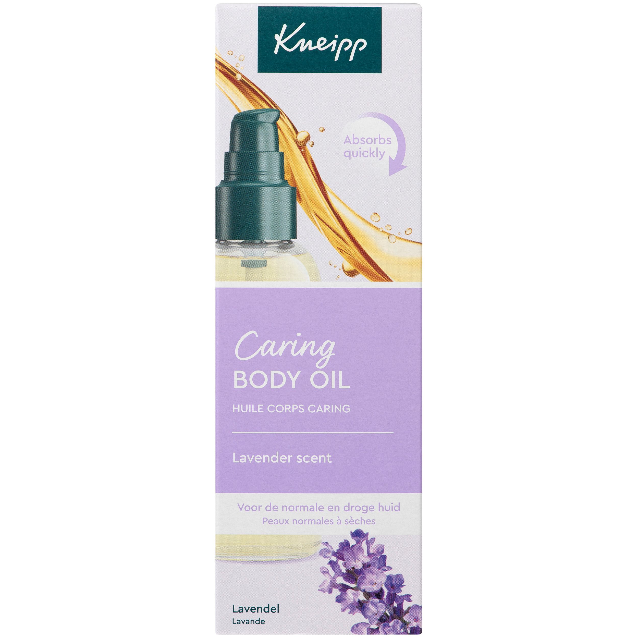Kneipp Caring Body Oil verpakking. Paars etiket, lavendel illustratie. Tekst en logo.