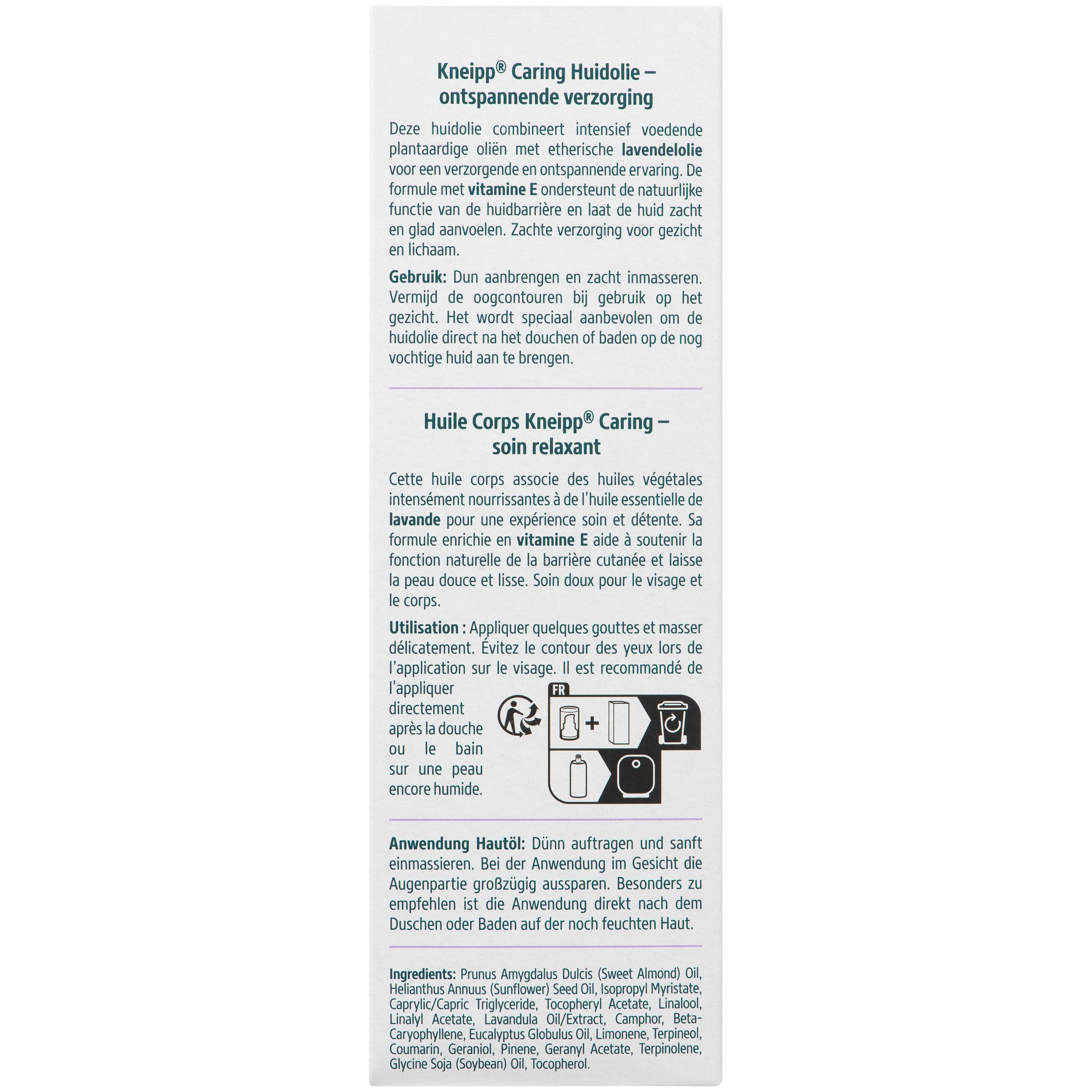 Kneipp Caring Body Oil fles en verpakking. Paars etiket, lavendel illustratie. Tekst en logo.