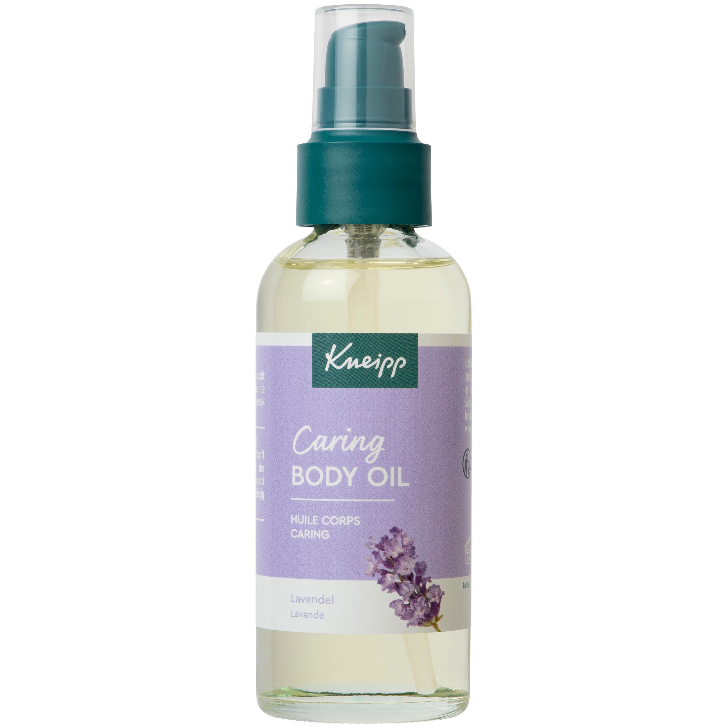 Kneipp Caring Body Oil fles. Met pomp, paars etiket, lavendel illustratie. Heldere inhoud.