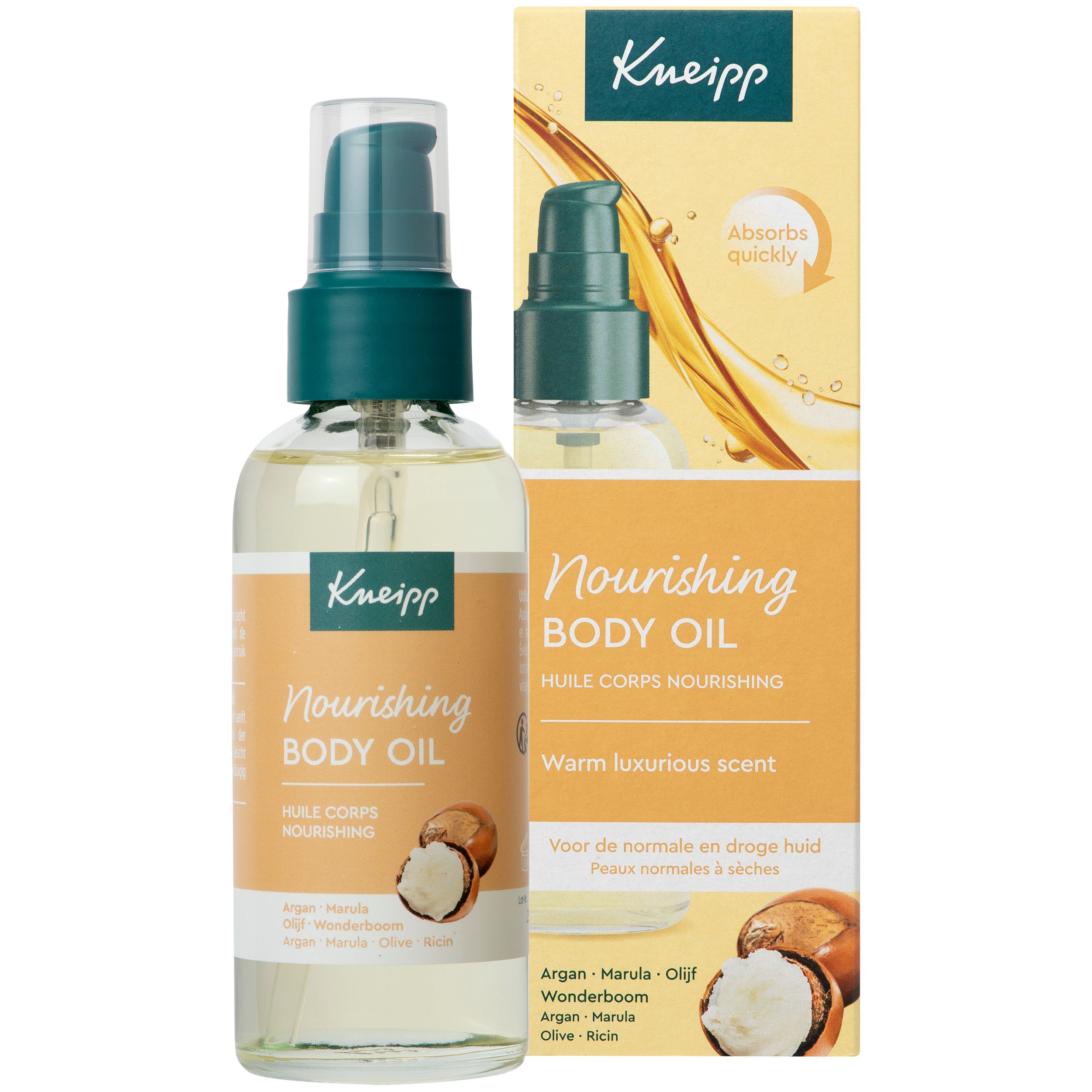 Kneipp Nourishing Body Oil fles en verpakking. Tekst: Absorbeert snel. Warme luxueuze geur.