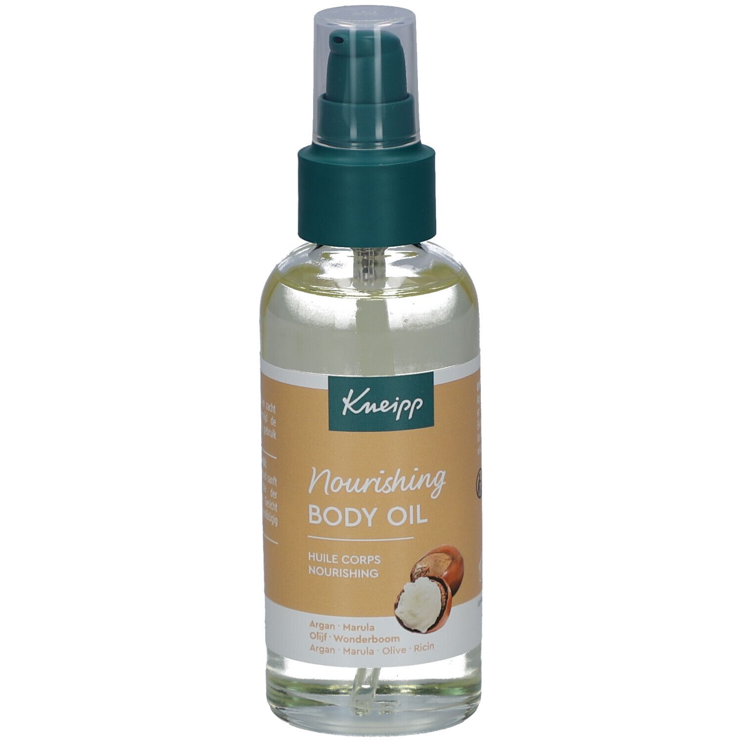 Huile Kneipp Nourishing Body Oil, flacon transparent avec bouchon vert. Étiquette avec nom du produit et ingrédients.