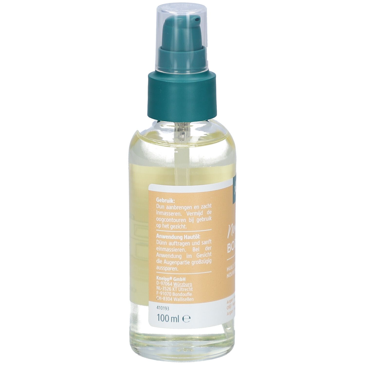 Dos du flacon Kneipp Nourishing Body Oil. Étiquette avec instructions d'utilisation et informations sur les ingrédients. 100 ml.