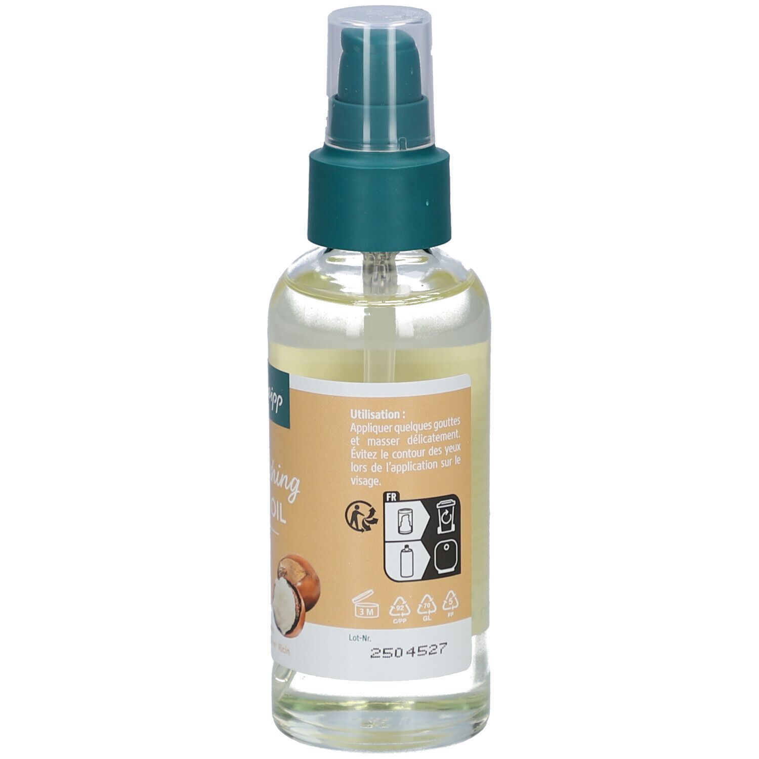 Dos du flacon Kneipp Nourishing Body Oil. Étiquette avec instructions d'utilisation et symboles. Liquide transparent visible.