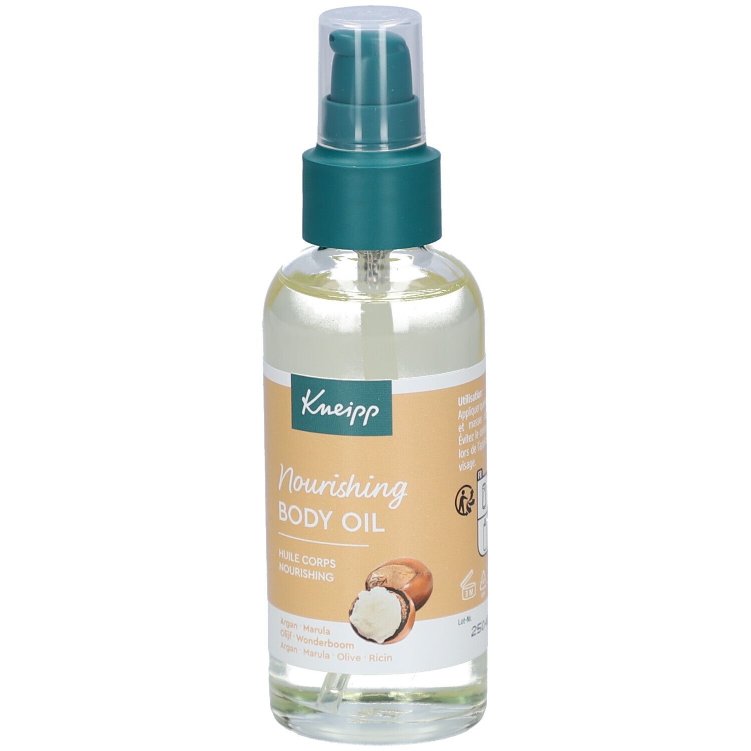 Flacon Kneipp Nourishing Body Oil avec bouchon vert. Étiquette avec nom du produit, ingrédients et illustration de noix.
