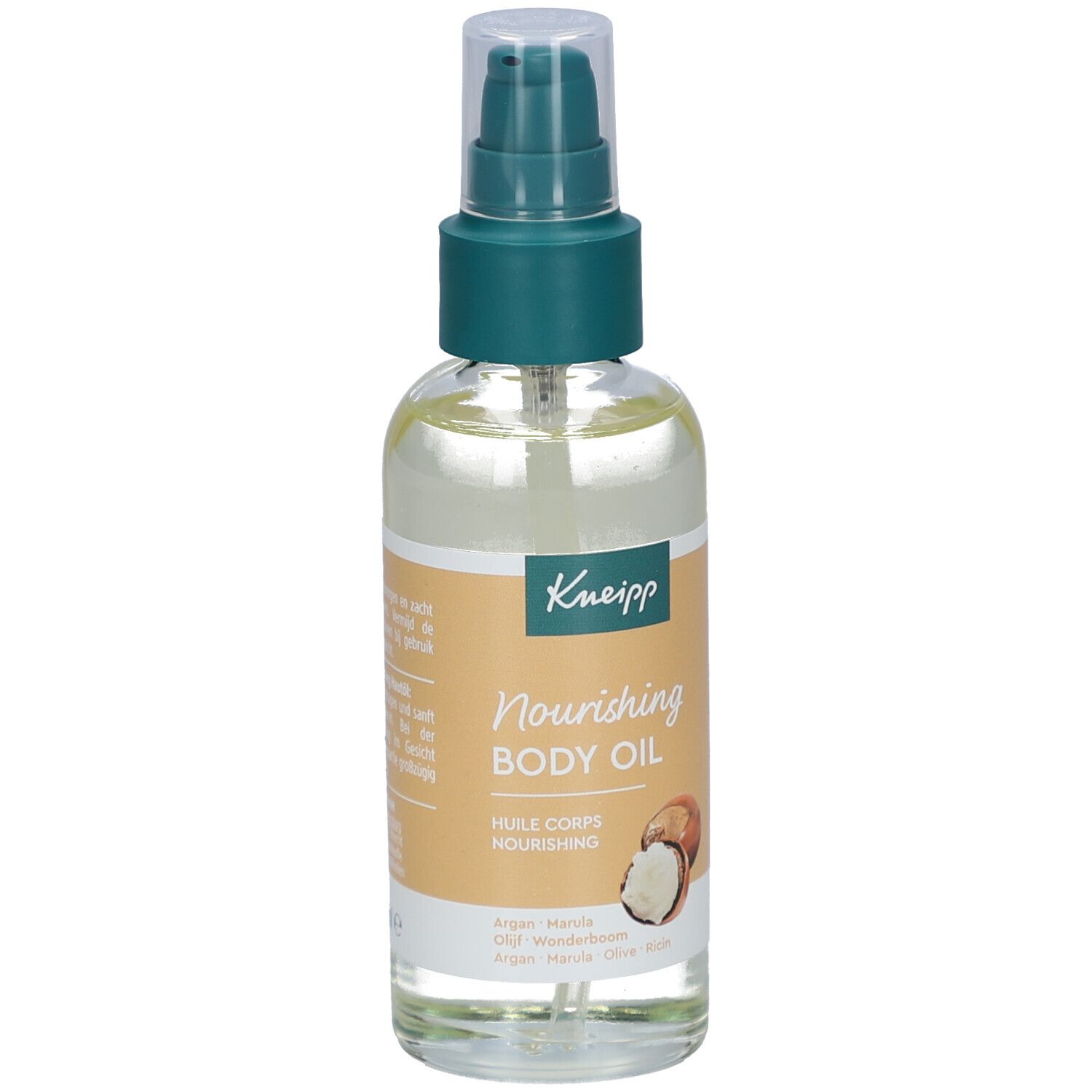 Flacon Kneipp Nourishing Body Oil avec bouchon vert. Étiquette avec nom du produit et ingrédients. Liquide transparent visible.