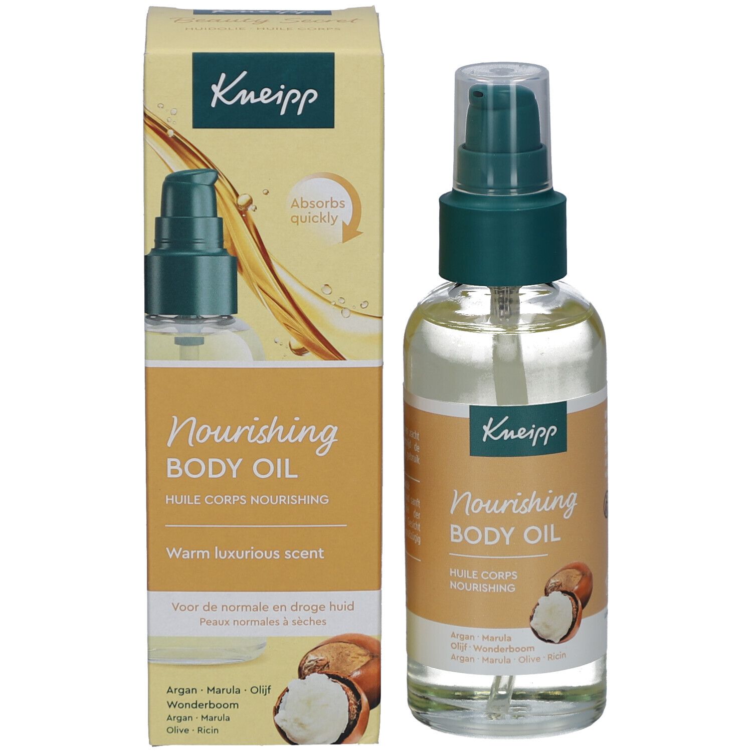 Flacon et emballage Kneipp Nourishing Body Oil. Emballage avec nom du produit et description. Flacon avec bouchon vert.