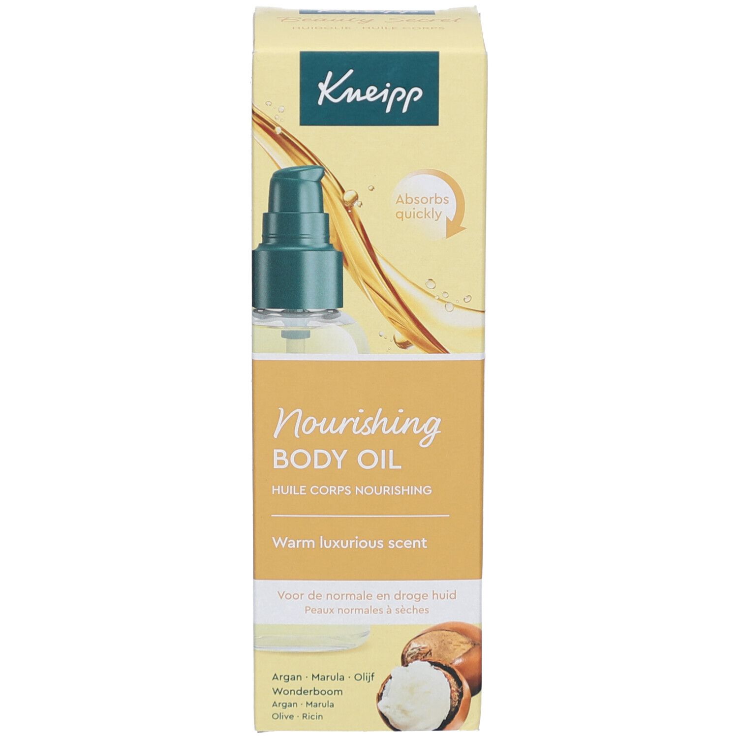 Emballage de l'Huile Kneipp Nourishing Body Oil. Nom du produit, description et illustration de noix. Flacon visible.