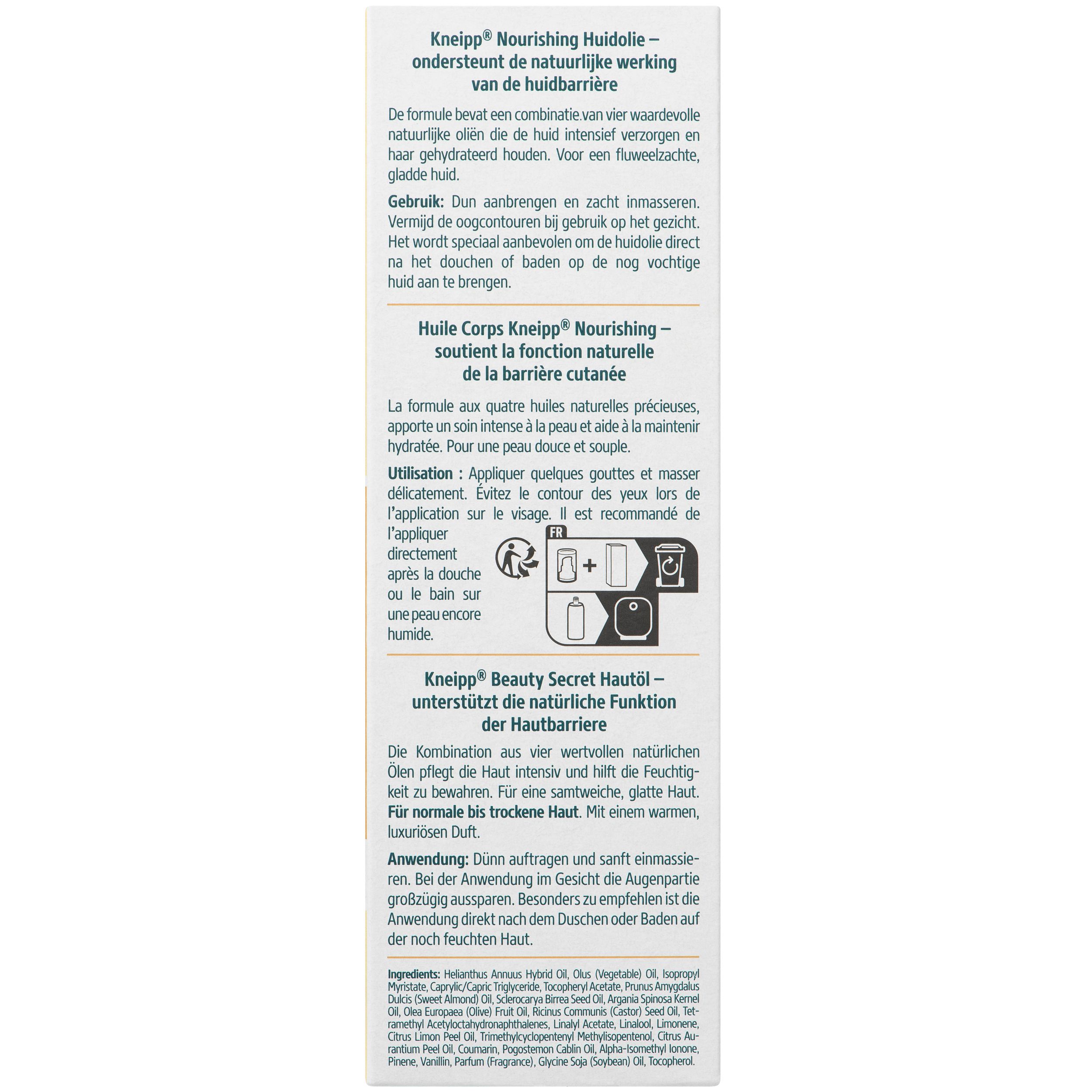 Kneipp Nourishing Body Oil fles en verpakking. Tekst: Absorbeert snel. Warme luxueuze geur.