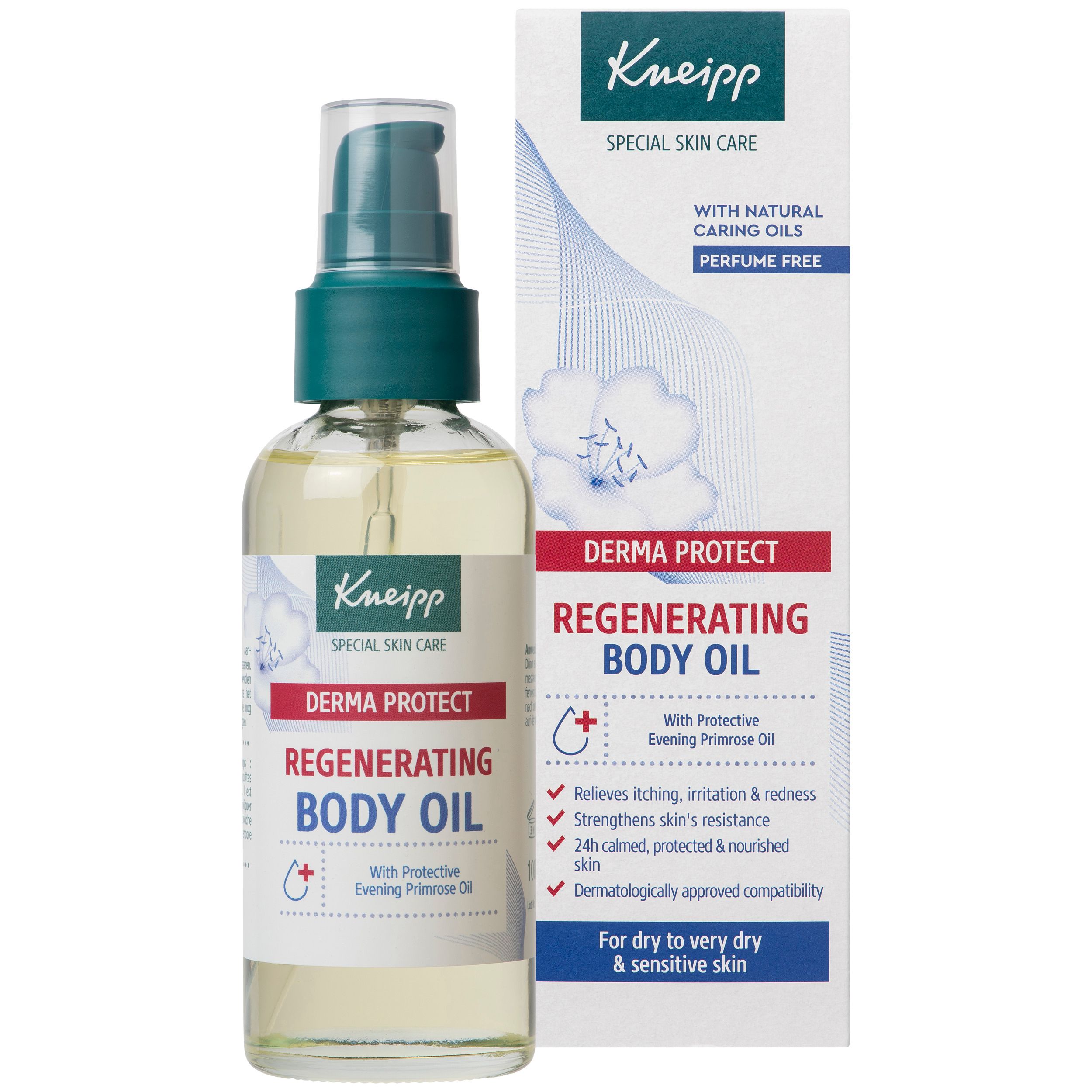 Kneipp Derma Protect Body Oil, fles en verpakking. Met pomp, transparante vloeistof. Tekst: Body Oil.